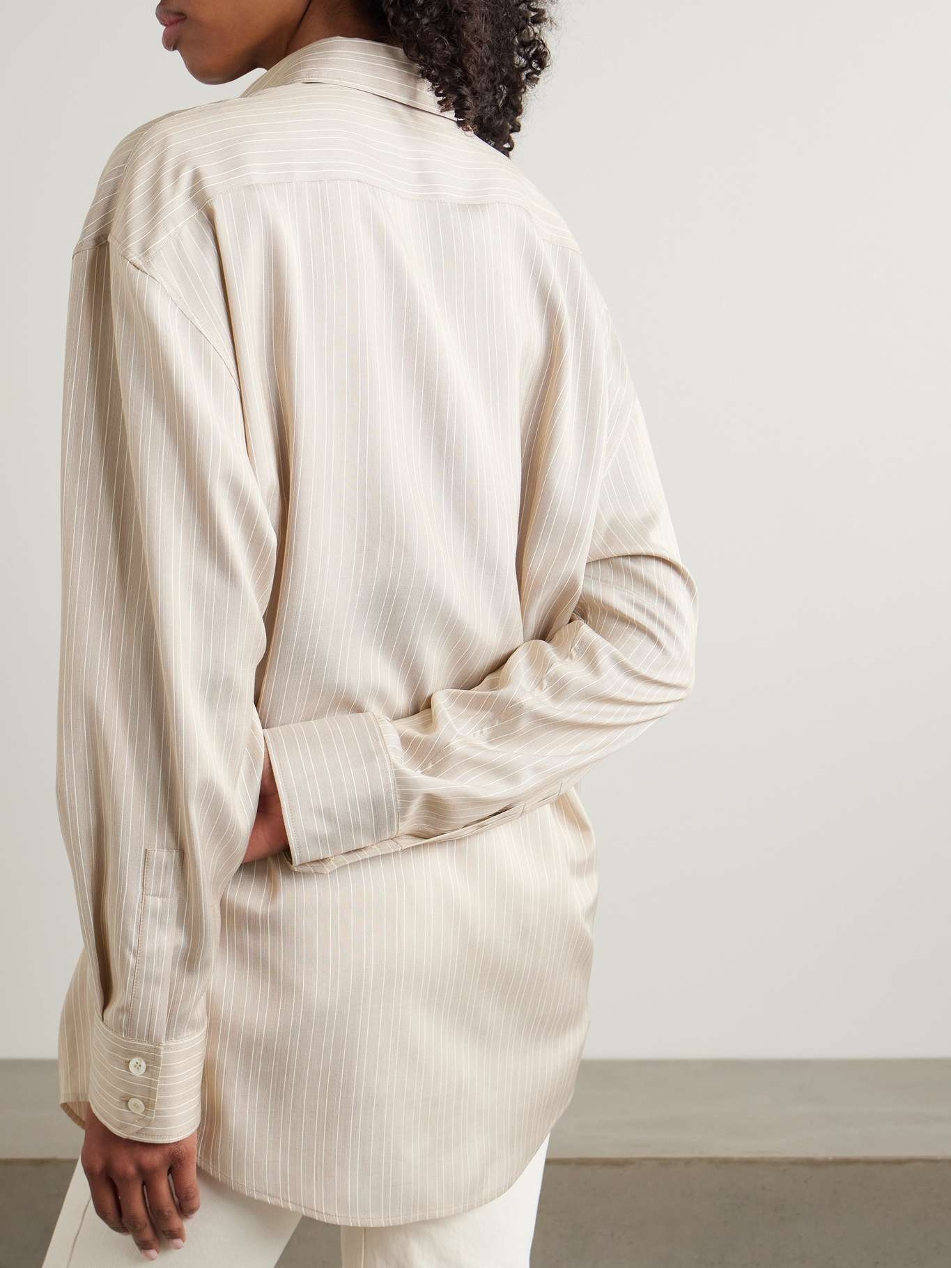 Embroidered striped silk shirt Beige - 4