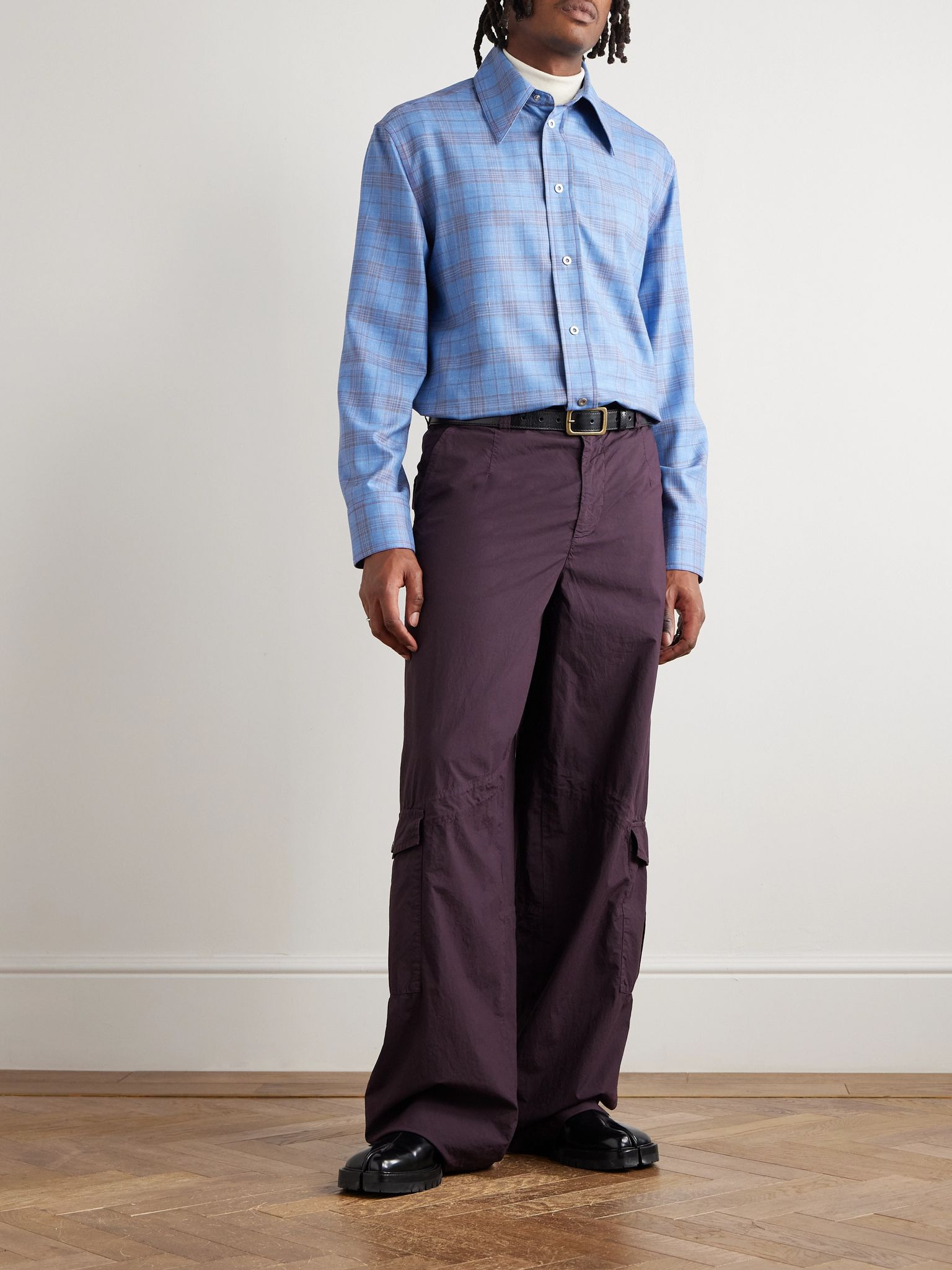 Checked Wool and Linen-Blend Shirt Blue - 2