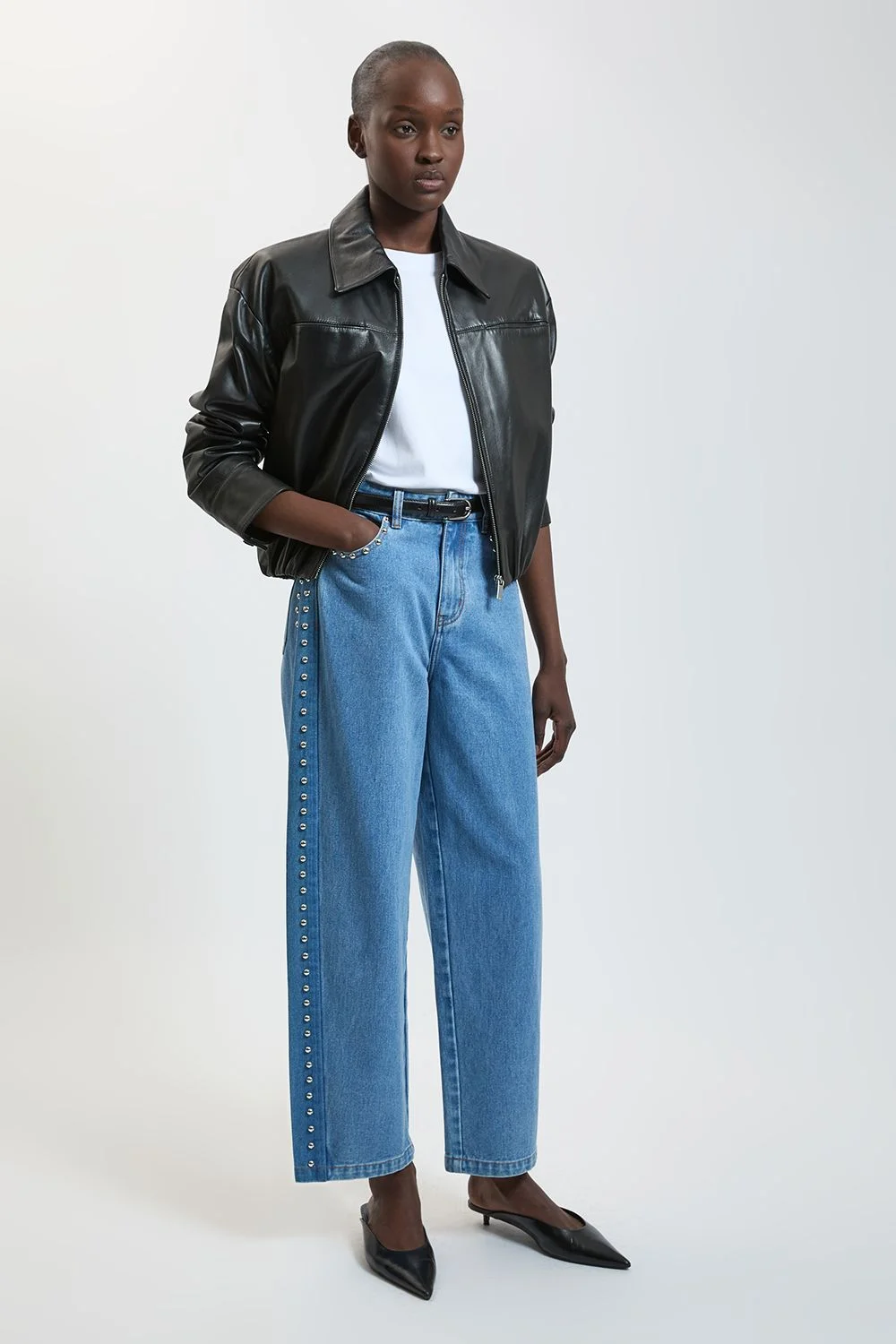 Denim Panelled Studded Barrel Jean - 1