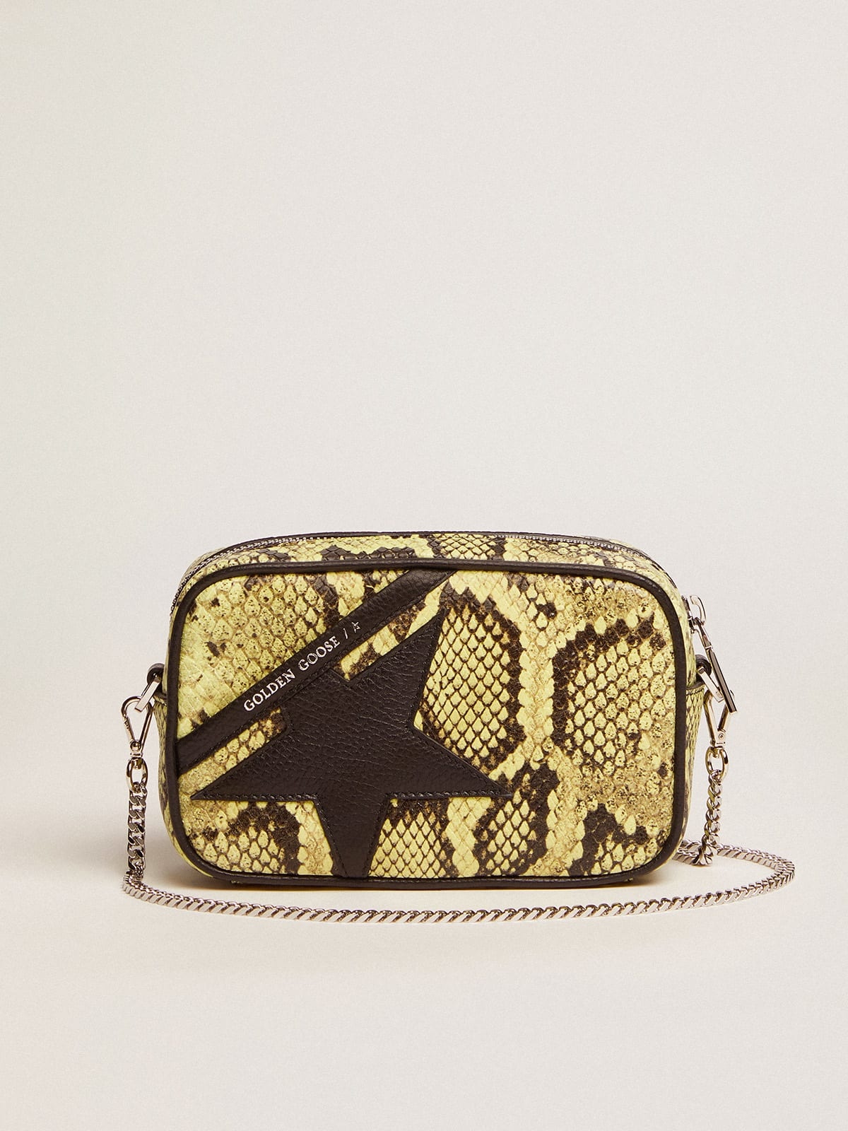 Mini Star Bag in lime-colored snake-print leather with black leather star - 1