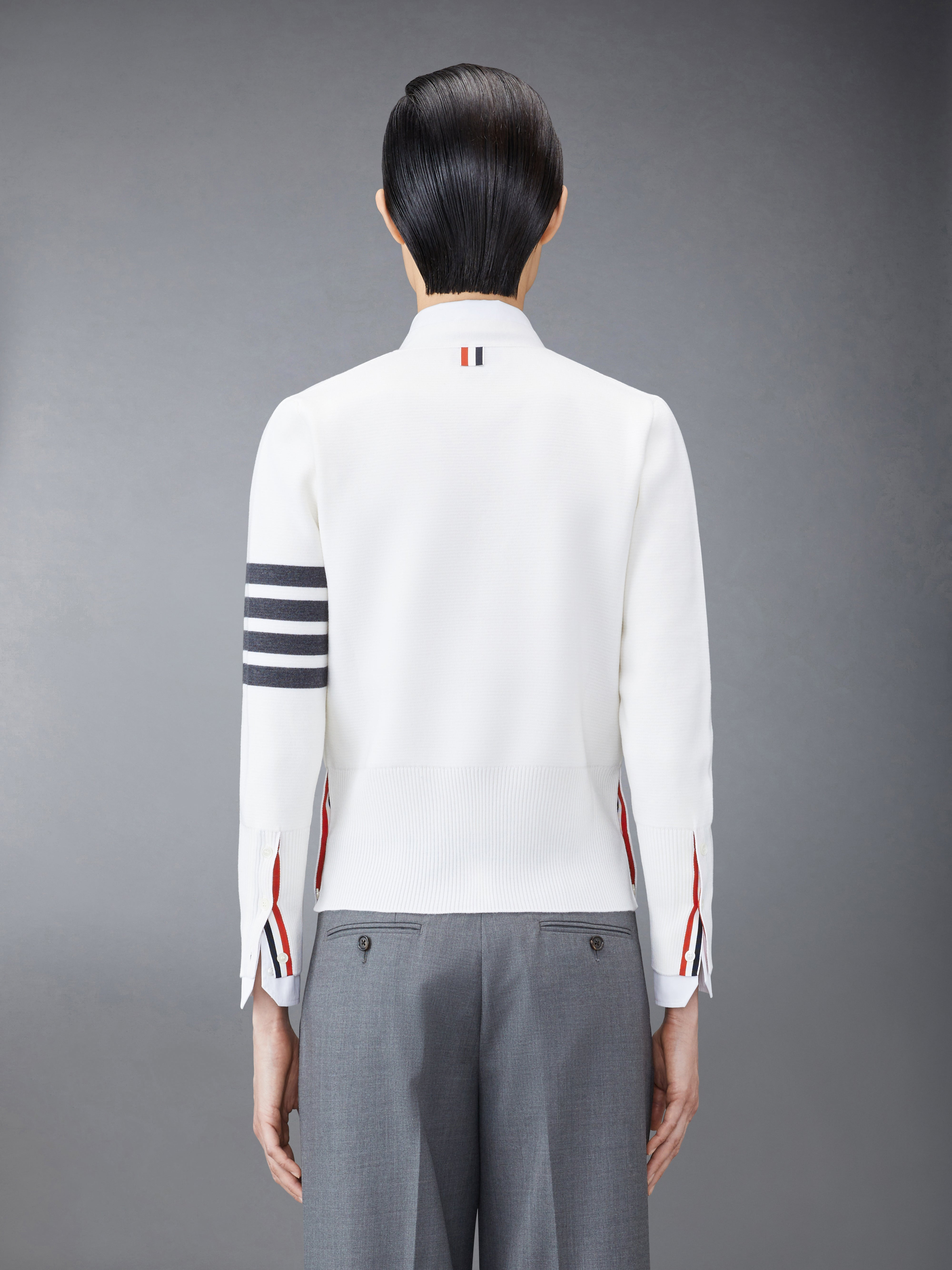 White Milano Stitch Fine Merino Wool 4-bar Classic V-neck Cardigan - 2