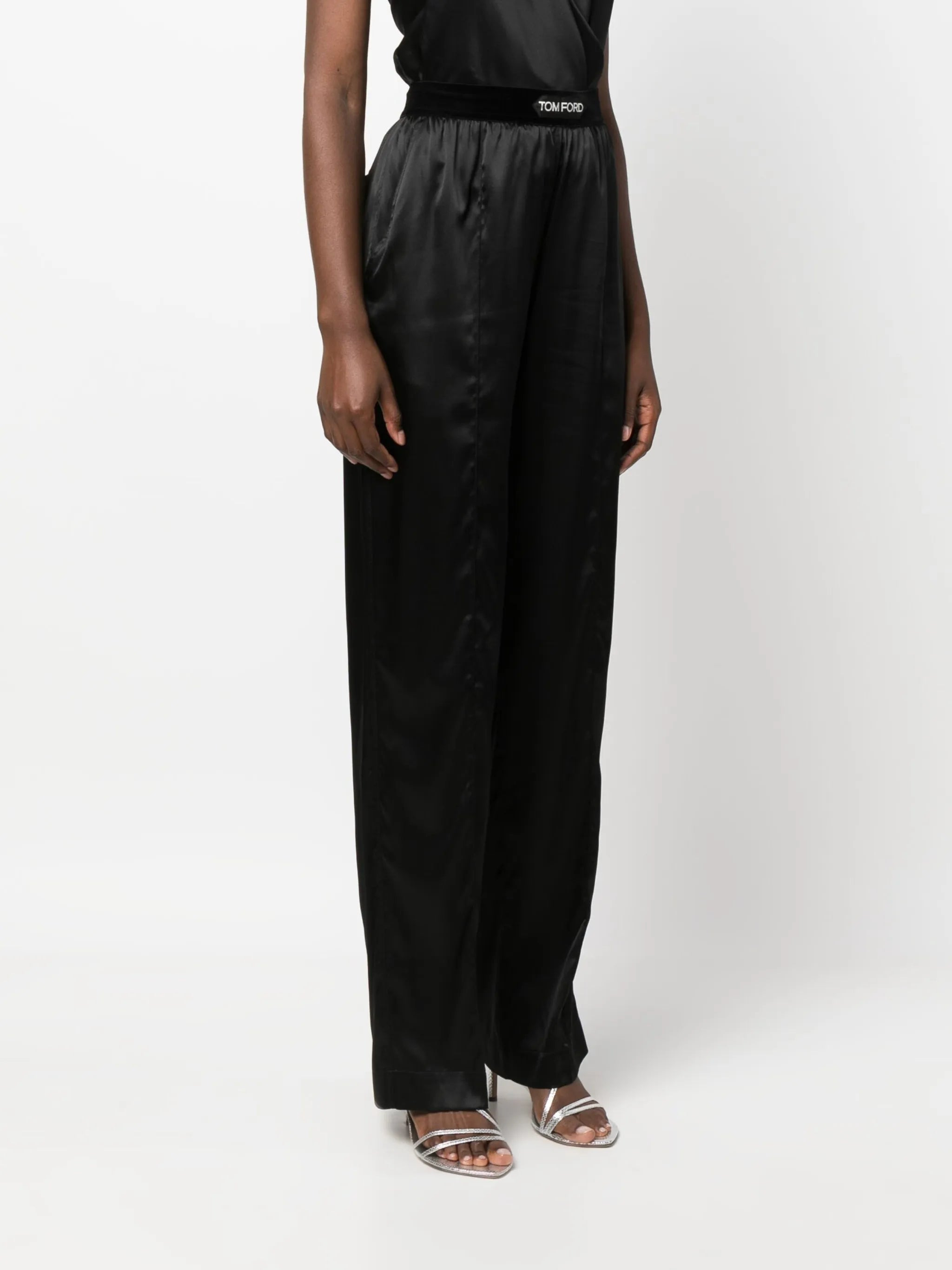high-waisted straight-leg silk trousers - 3