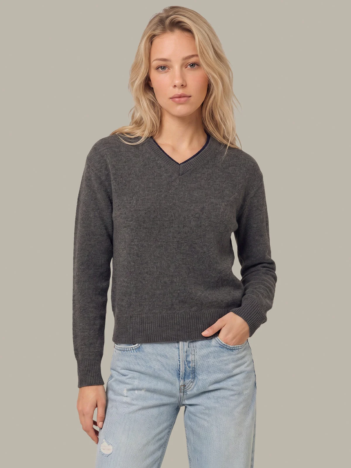 Sloane High V-Neck Double Trim Cashmere Pullover - 1