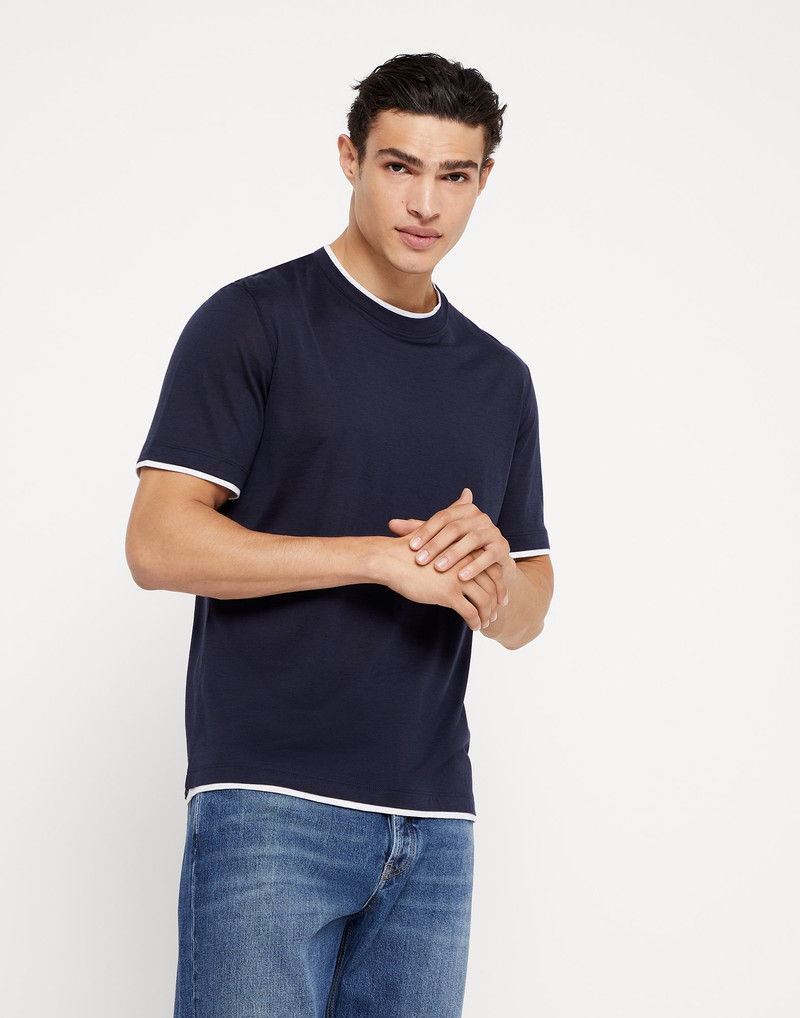 Silk and cotton jersey crew neck T-shirt with faux-layering 1