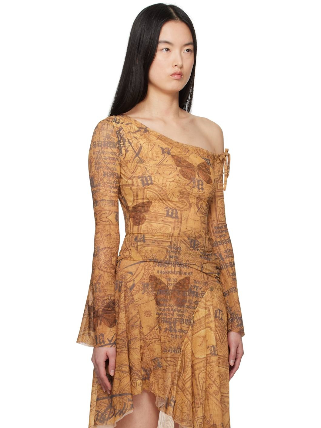Brown Goa Mesh Off-Shoulder Longsleeve T-shirt - 2