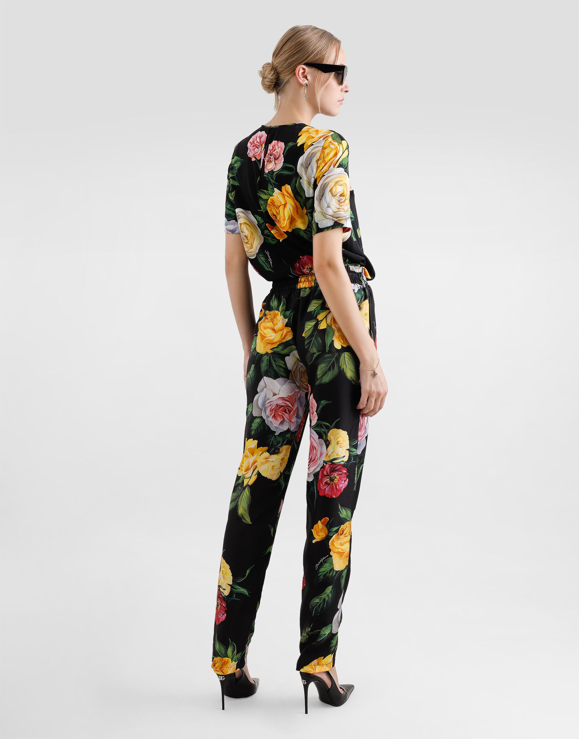 Silk pajama pants with elasticated waist and peony and rose print - 3