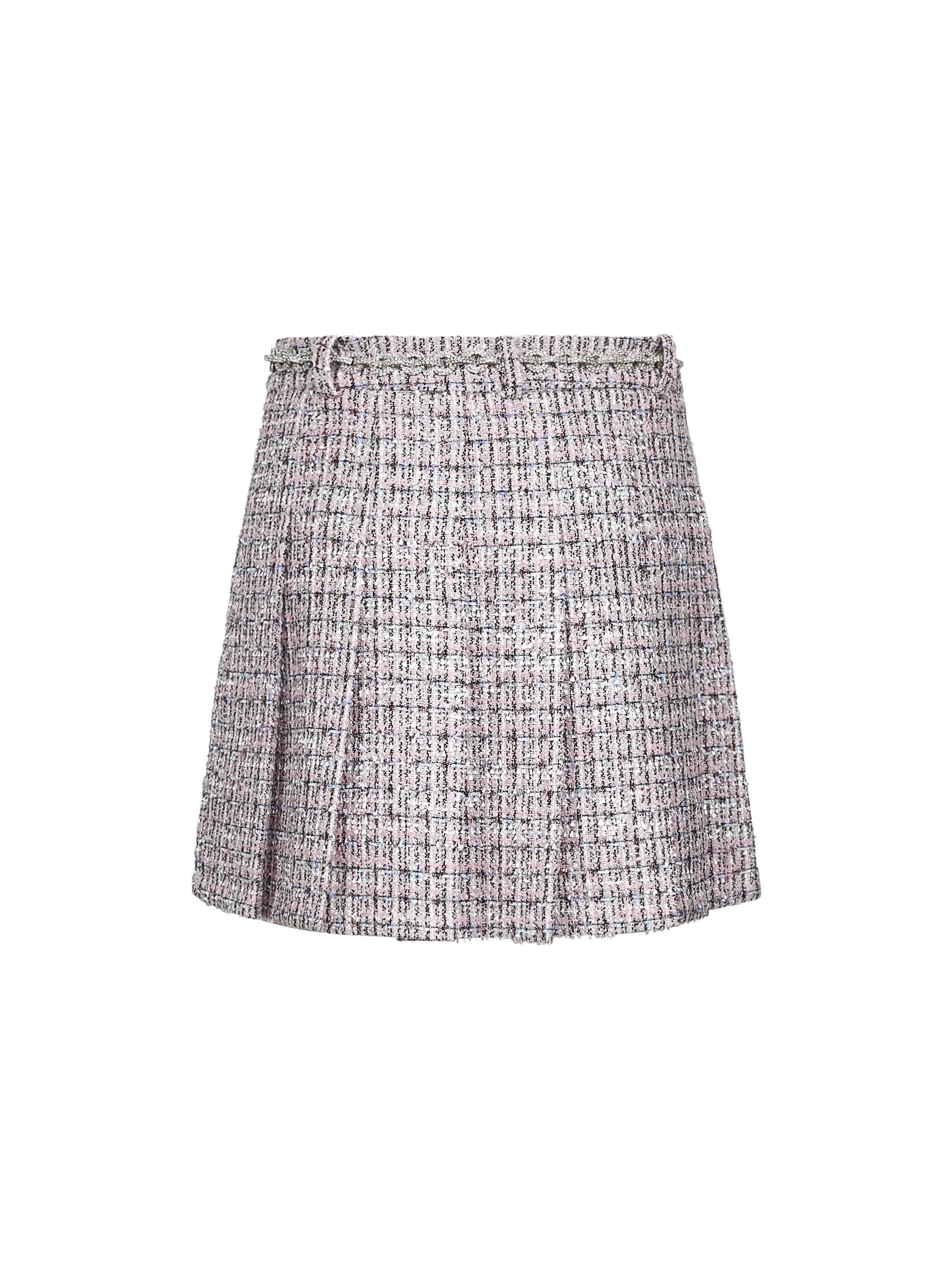 Pink bouclé pleated crystal belt mini skirt - 2