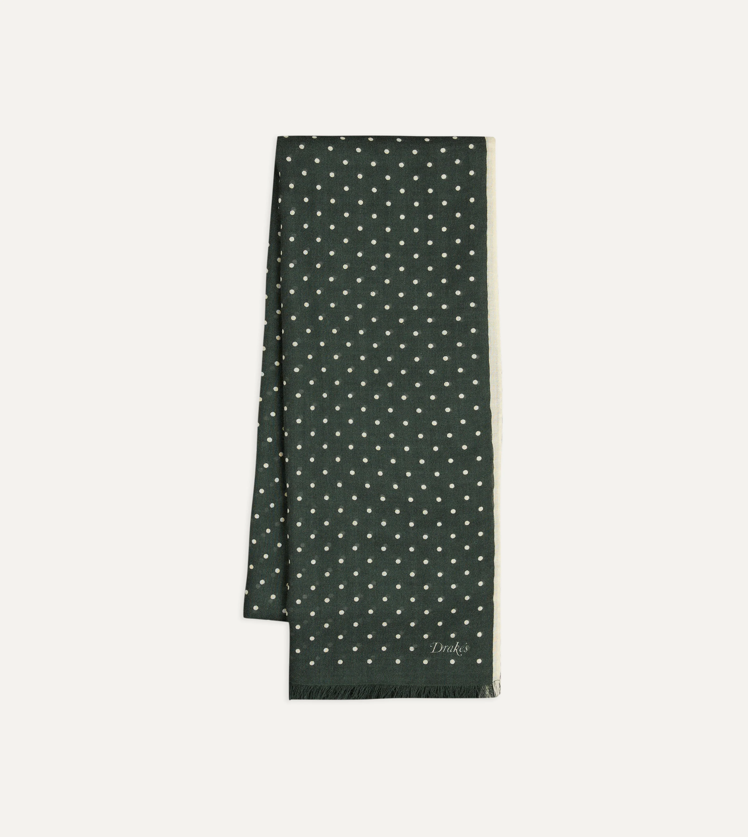 Green Polka Dot Print Shoestring Wool-Silk Scarf - 1