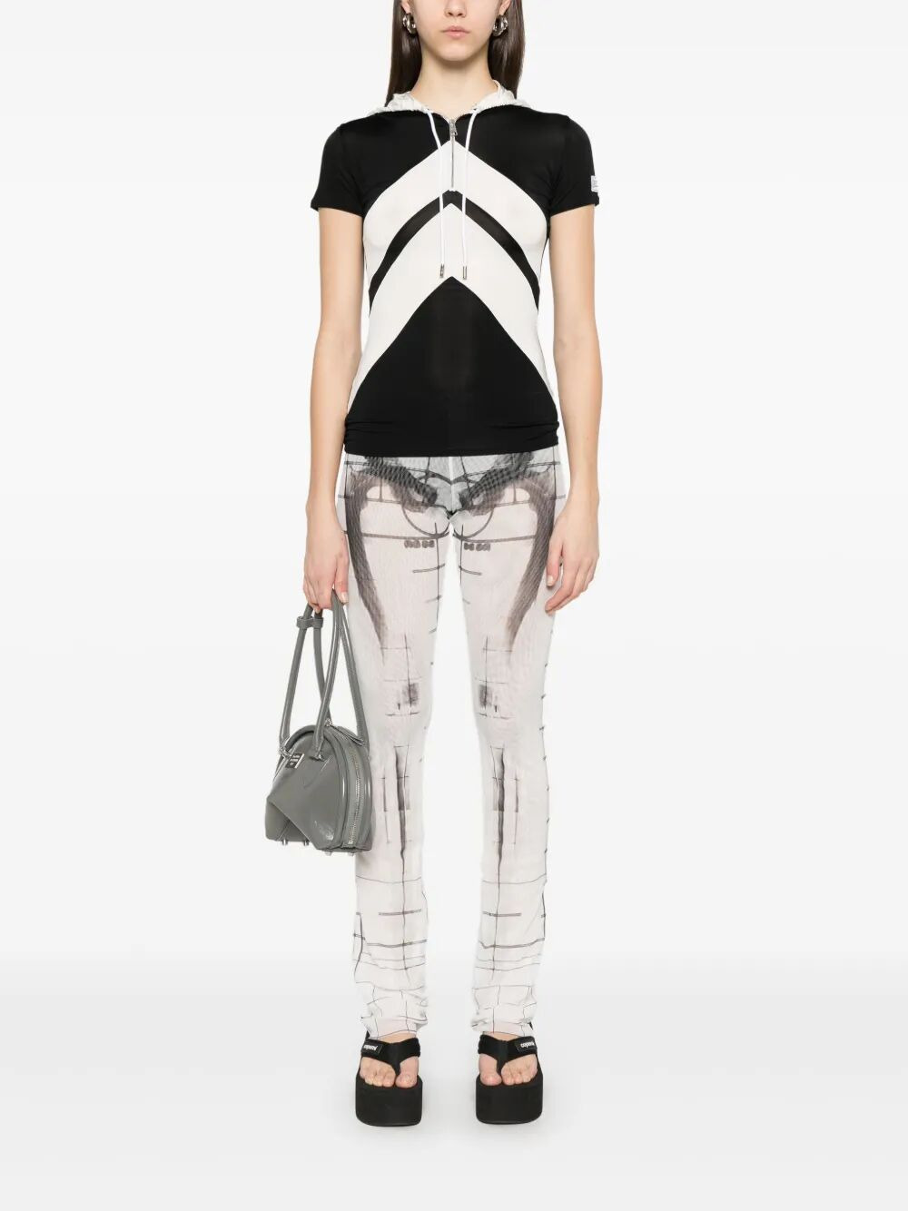 Jean Paul Gaultier Women Viscose Baby Tee Shirt With Inlaid Chevron, "Gaultier" Patch Detail And Hoo - 6