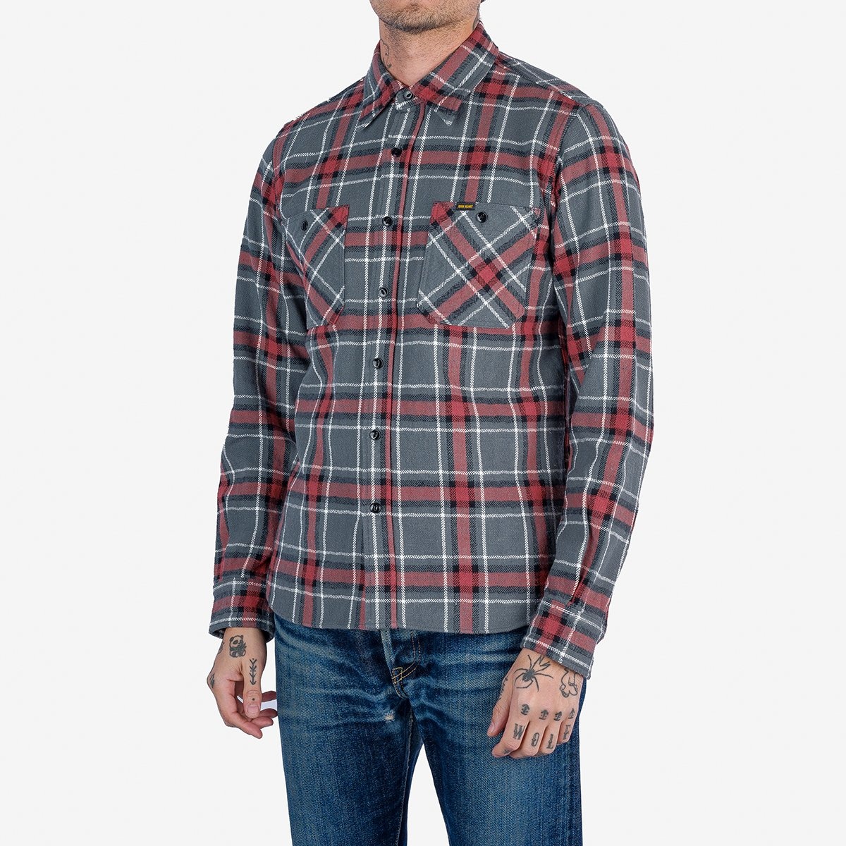 IHSH-375-GRY 12oz Slubby Heavy Flannel Herringbone Check Work Shirt - Grey - 2