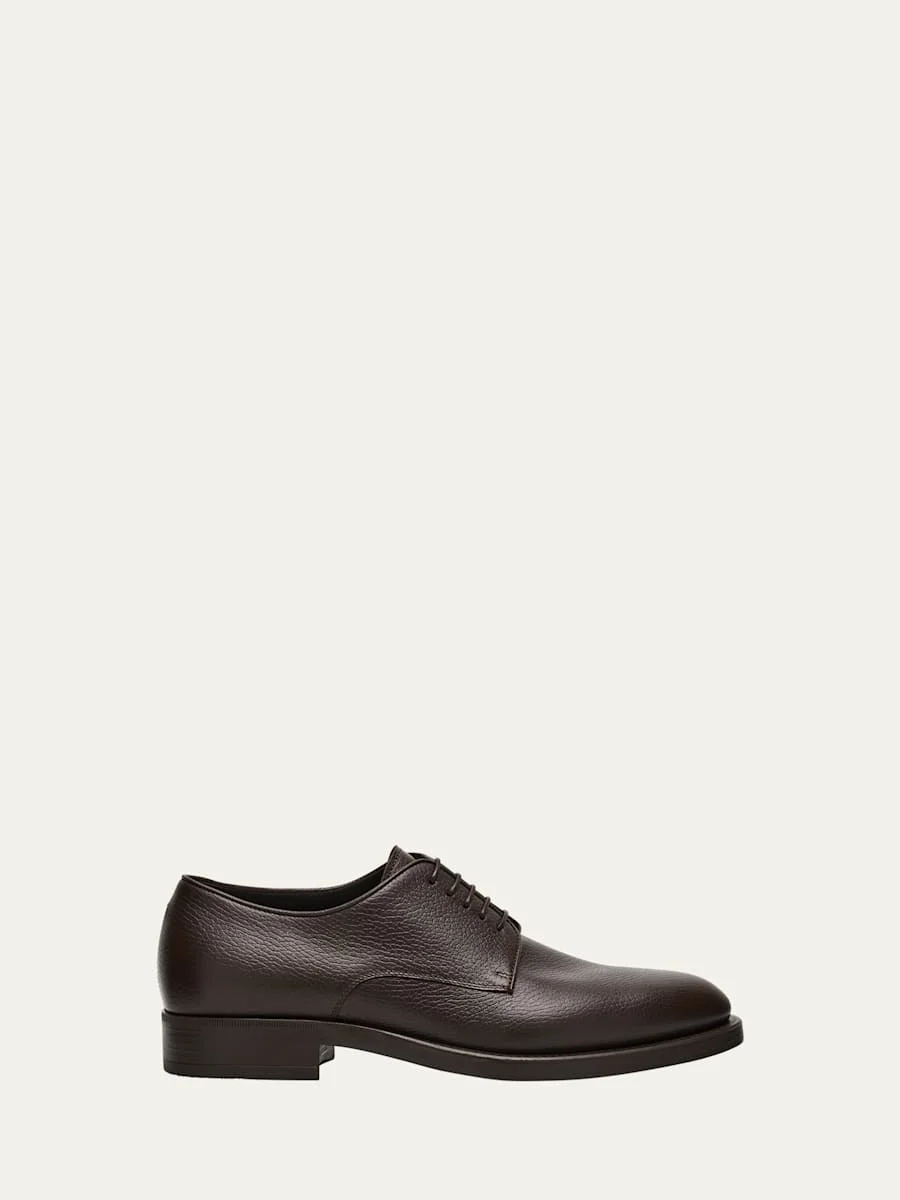 Mens Grained Calf Leather Rubber-Sole Derby Shoes - 1