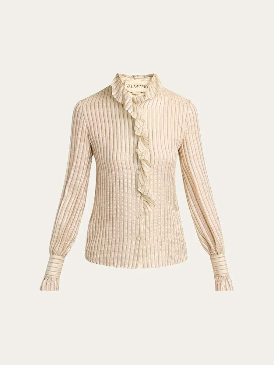Metallic Striped Ruffle Button-Down Shirt - 1