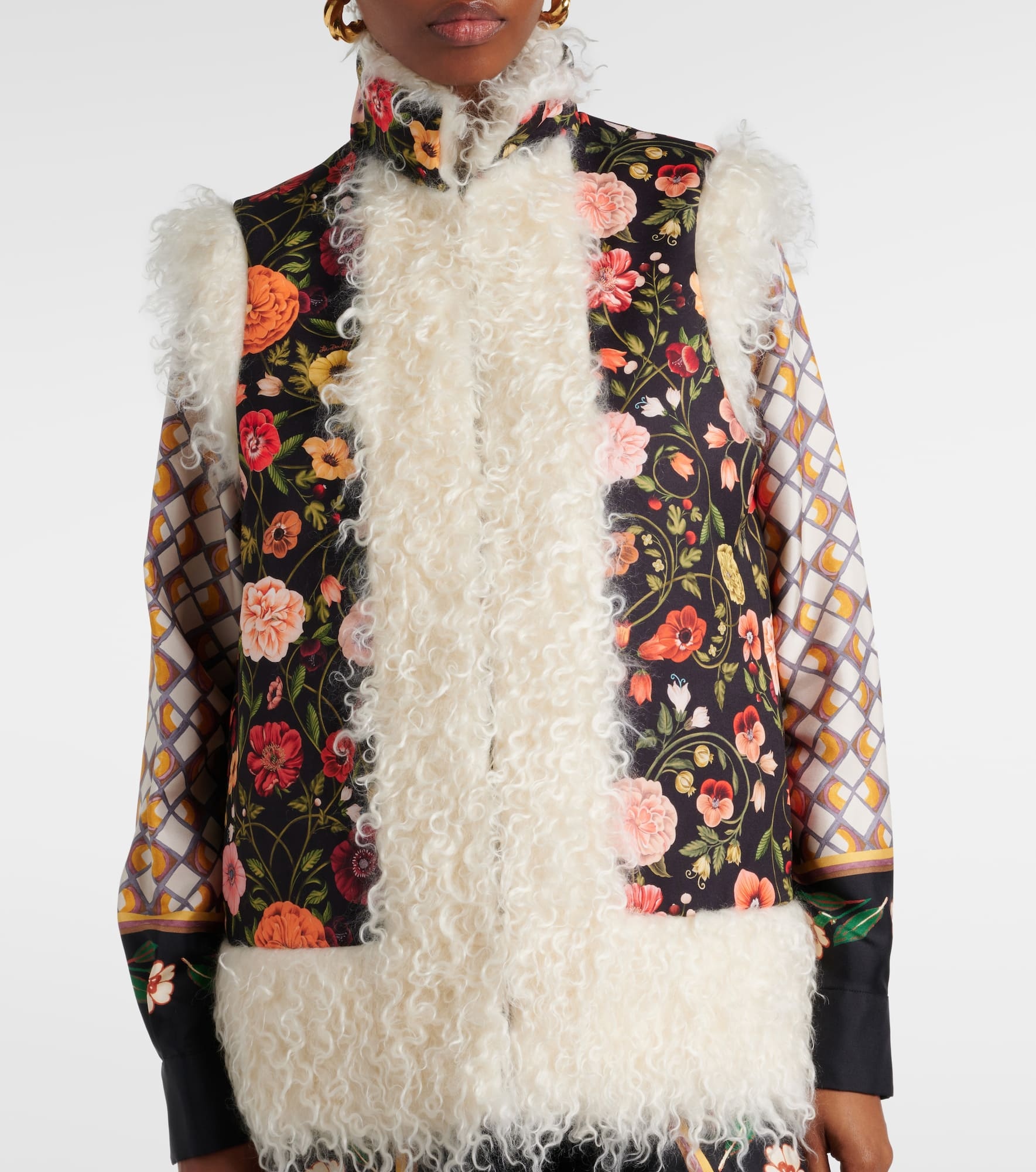 Folk floral faux fur-trimmed vest - 6