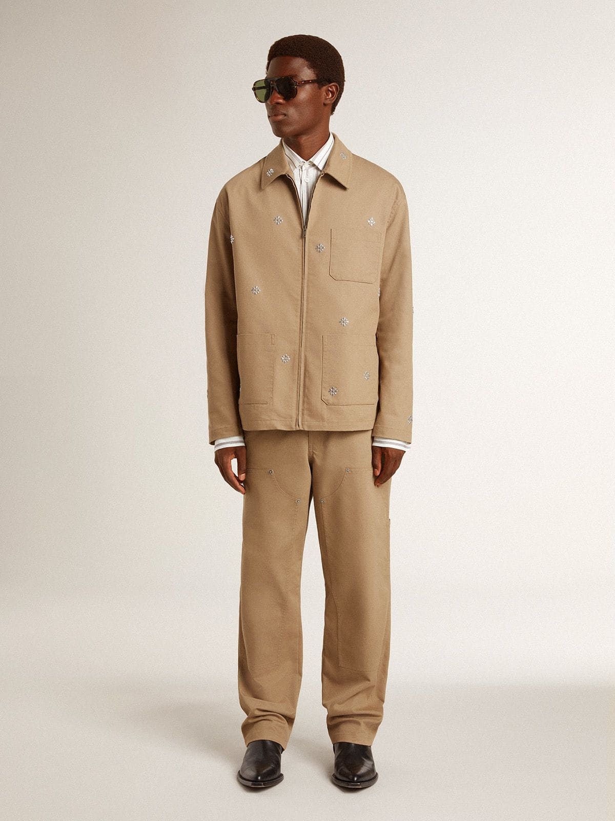 Men's beige jacket with floral embroidery and full zip - 3
