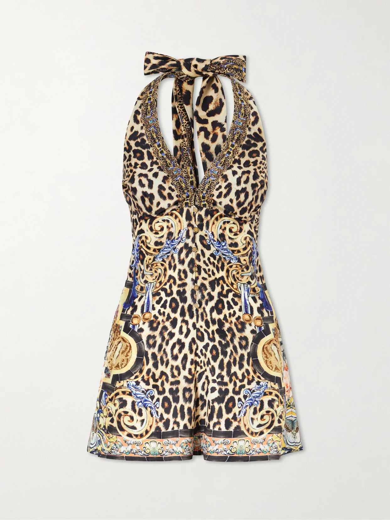 Embellished Printed Silk Halterneck Playsuit - 1