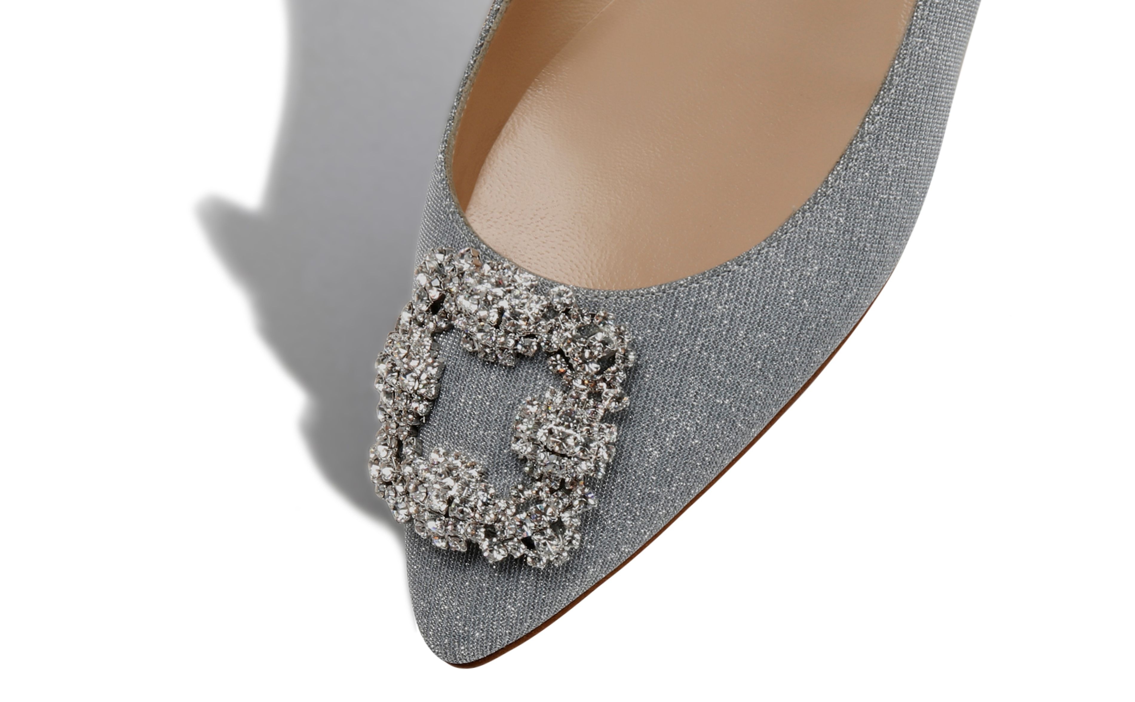 Manolo Blahnik Silver Glitter Fabric Jewel Buckle Flat Shoes