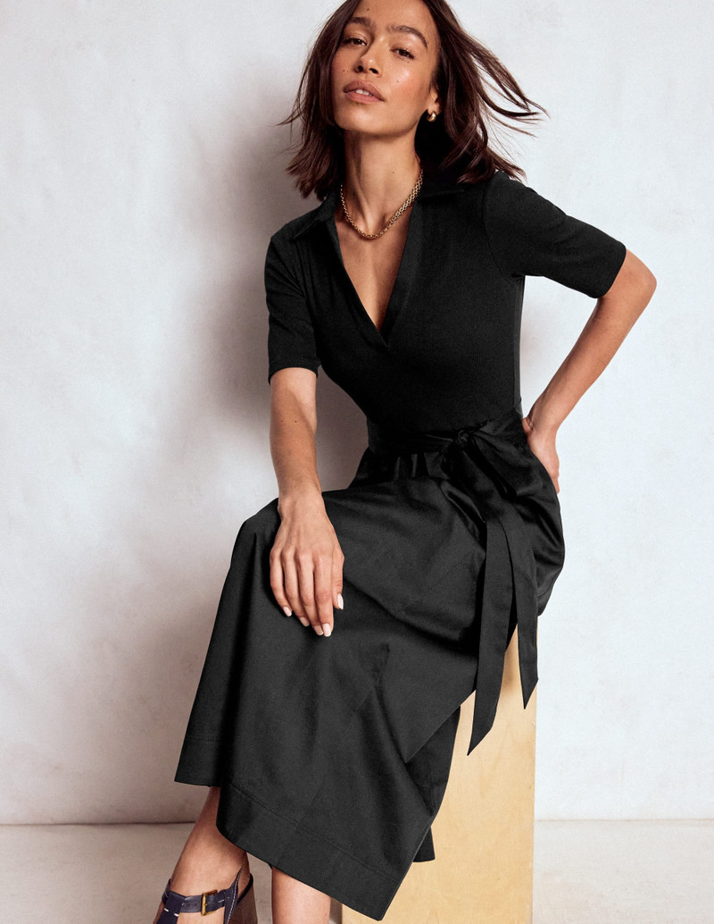 Collar Detail Mix Midi Dress-Black 3