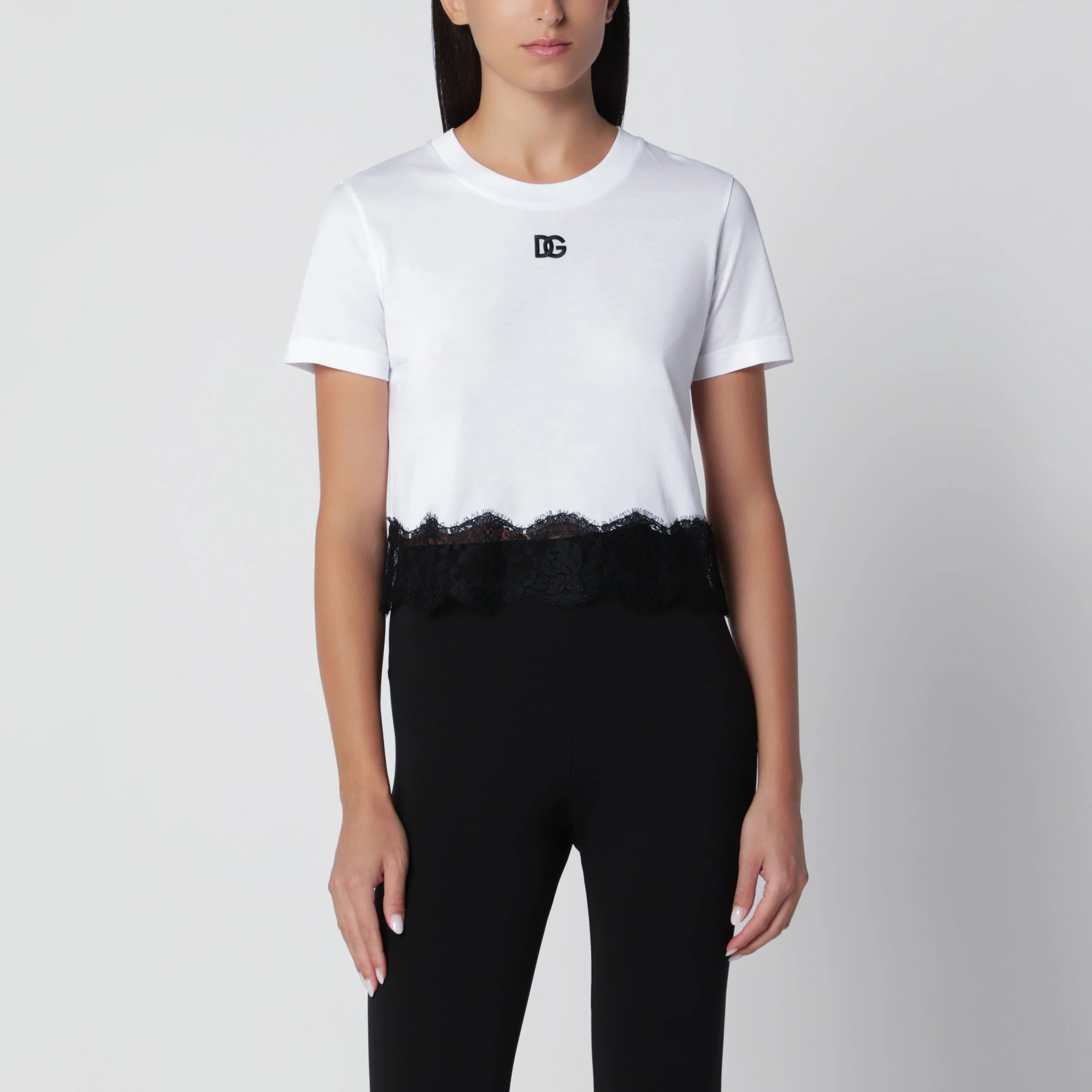 White jersey T-shirt with lace - 1