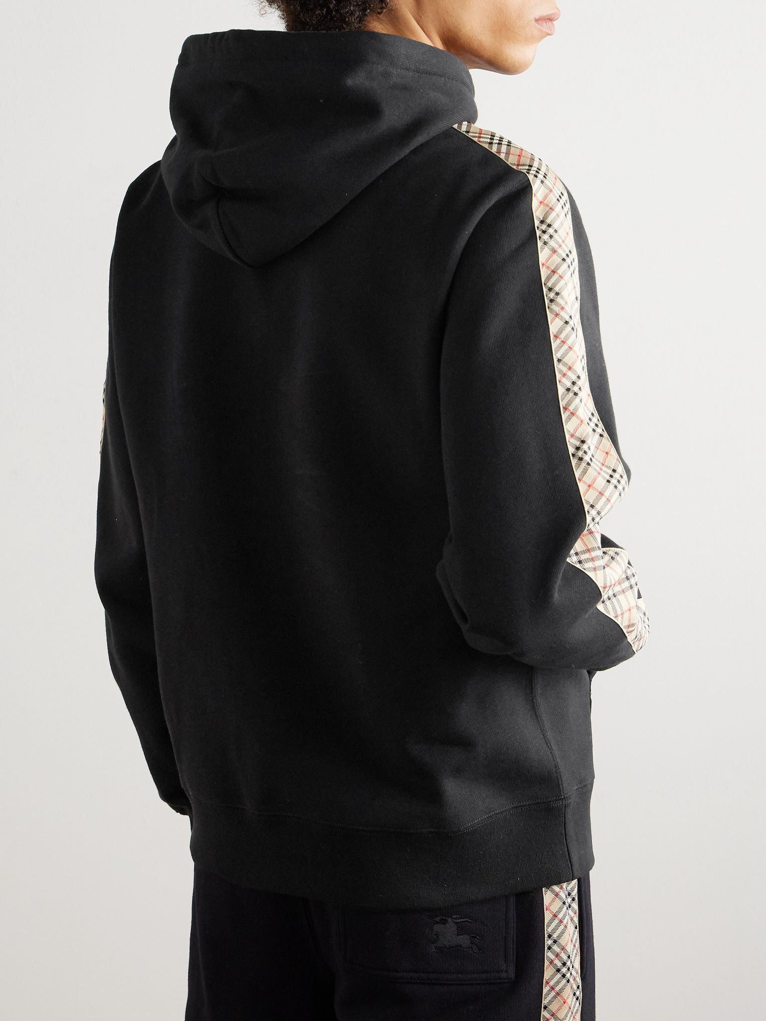 Checked Logo-Embroidered Cotton-Jersey Hoodie Black - 3