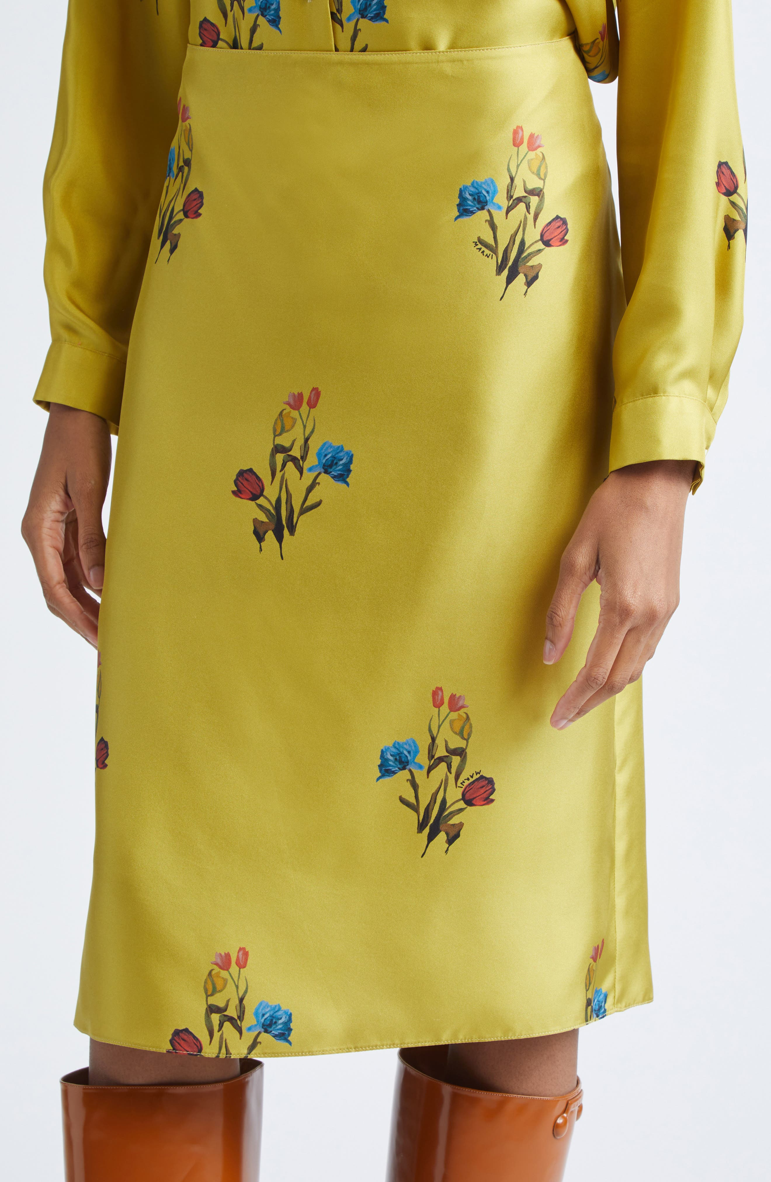 Marni Tulip Print Pleated Silk Twill Midi Skirt in Citronelle at Nordstrom - 5