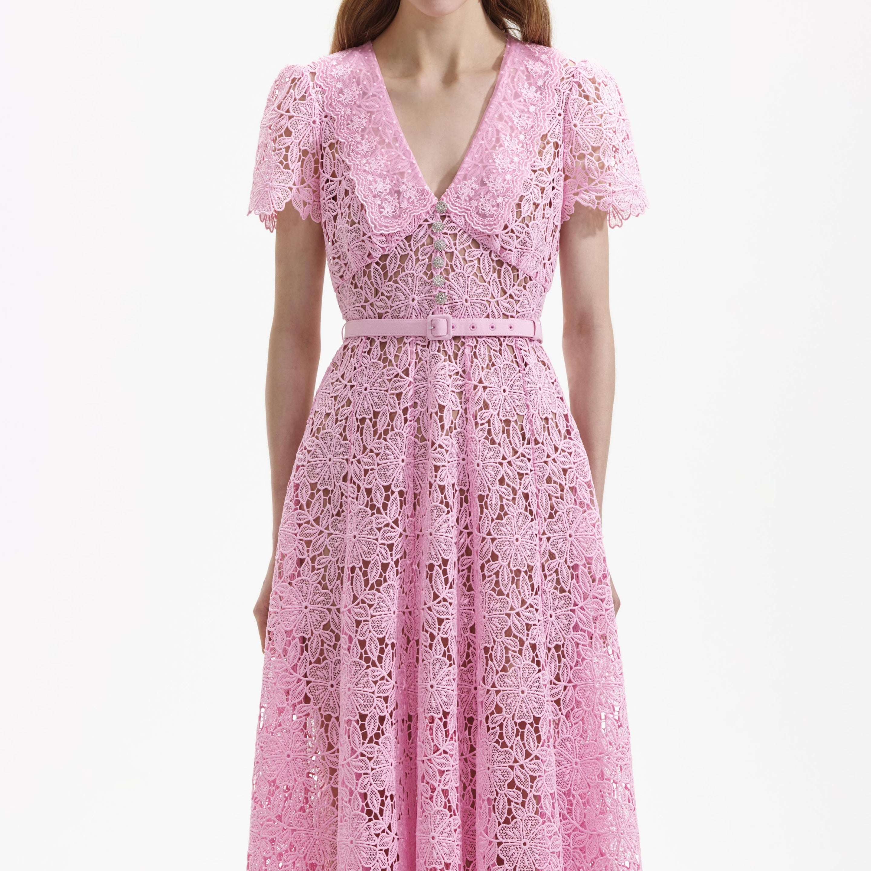 Pale Pink Guipure Lace Midi Dress - 4