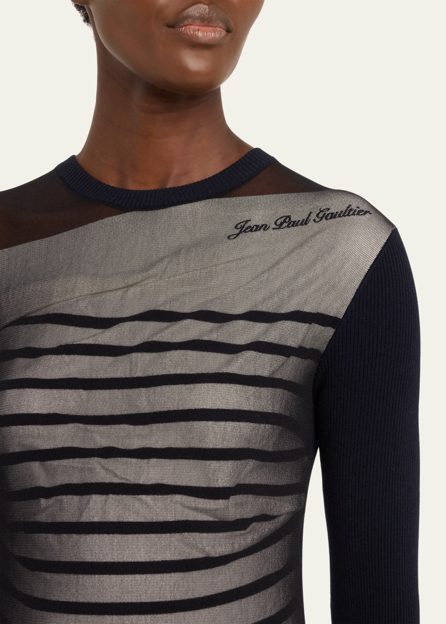 Mesh Layered Crewneck Rib Mariniere Sweater - 4