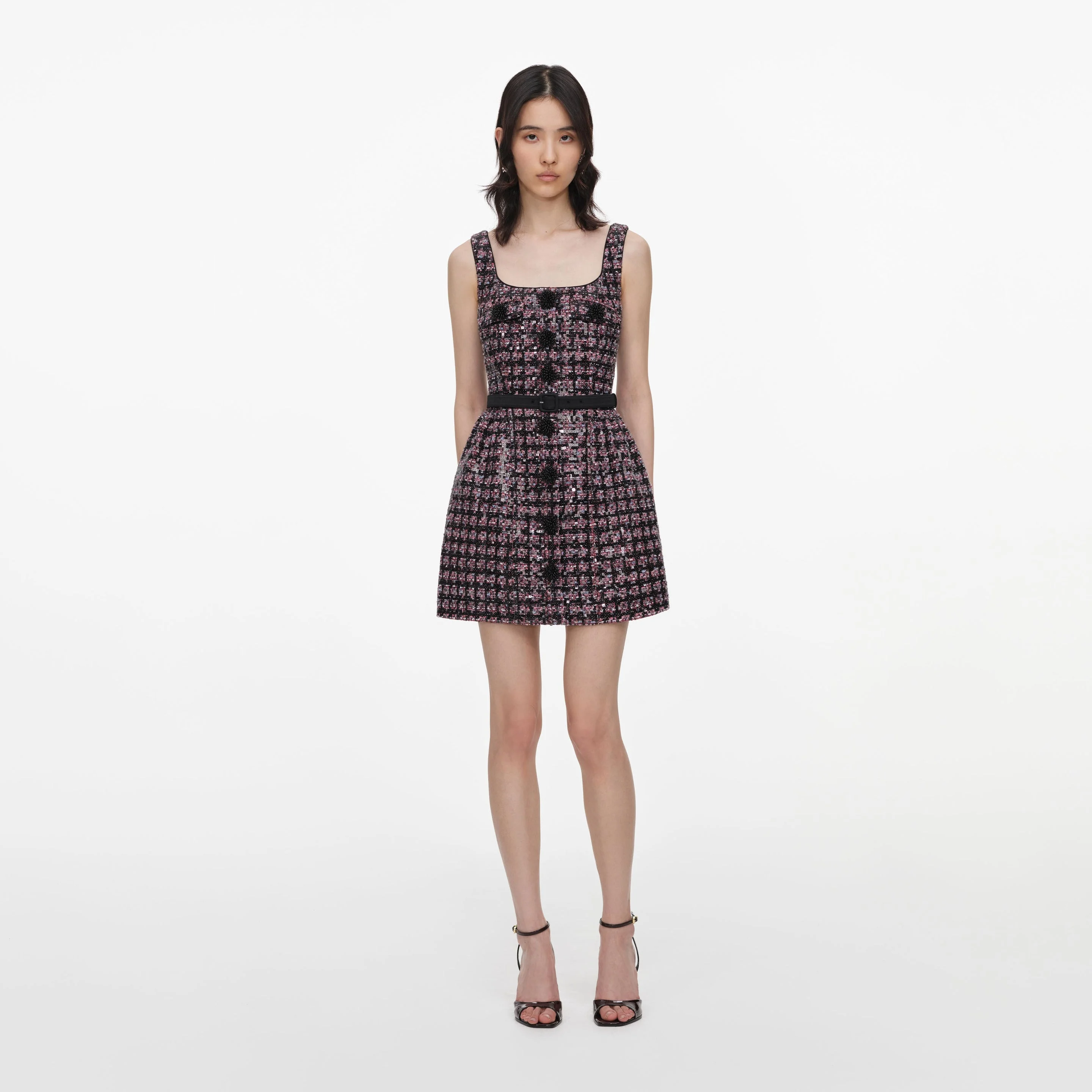 Pink and Black Sequin Boucle Sleeveless Mini Dress - 1