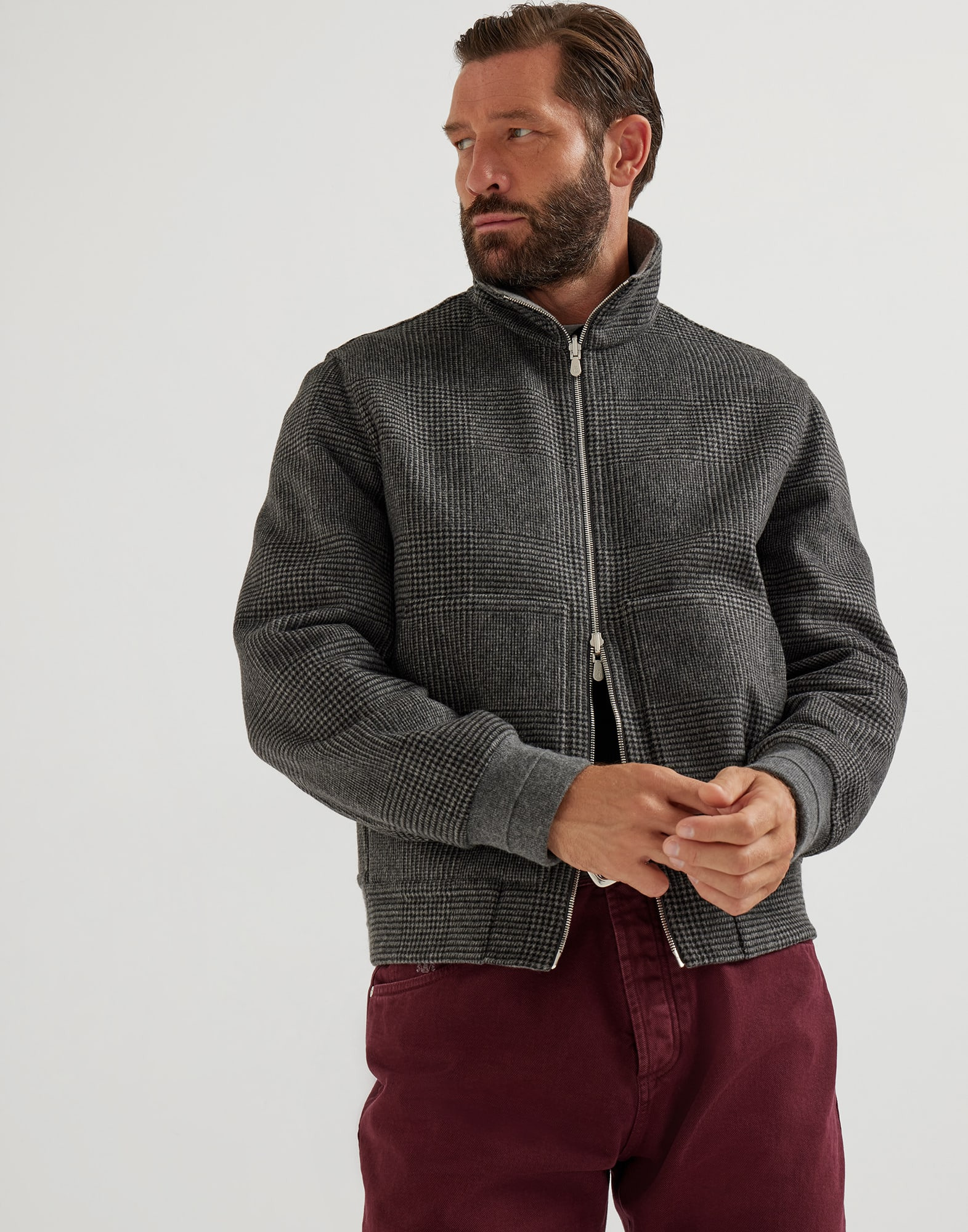 Hand-crafted reversible bomber jacket in cashmere Prince of Wales flannel double cloth with zipper - 4
