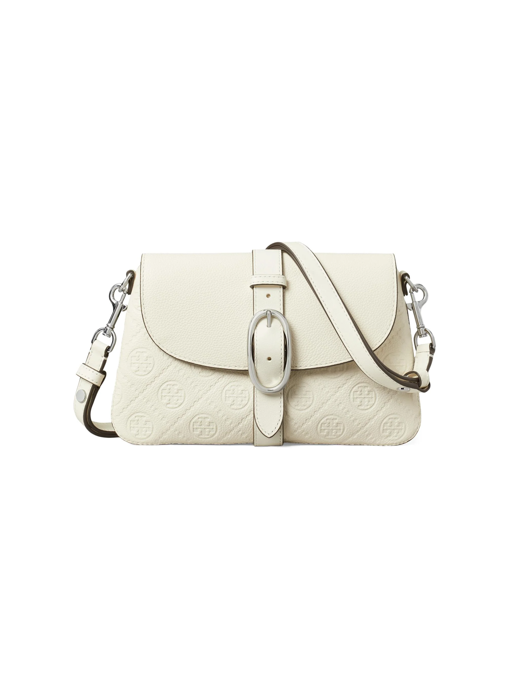 Women's T Monogram Pebbled Leather Shoulder Bag - Warm White - 1