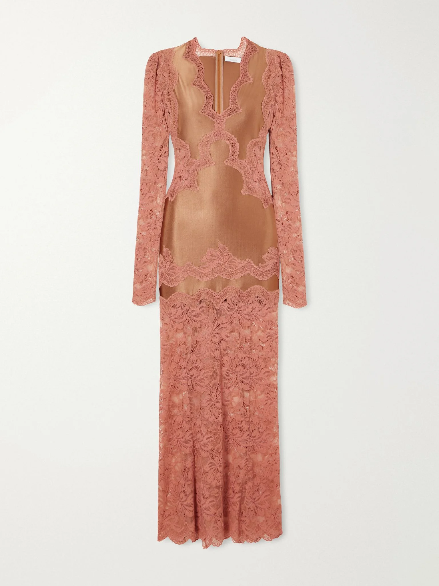 Lace-trimmed stretch-satin maxi dress Camel - 1