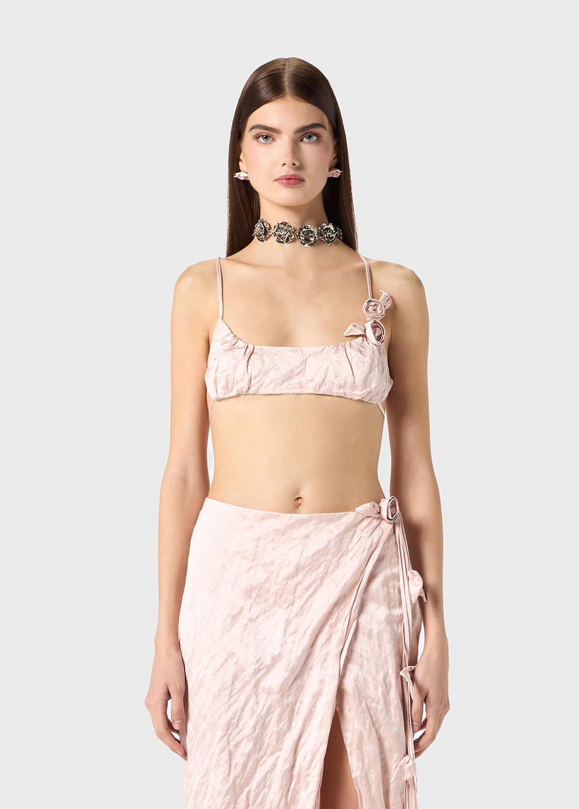 CRINKLED SATIN TOP WITH SMALL 3D ROSES - 3