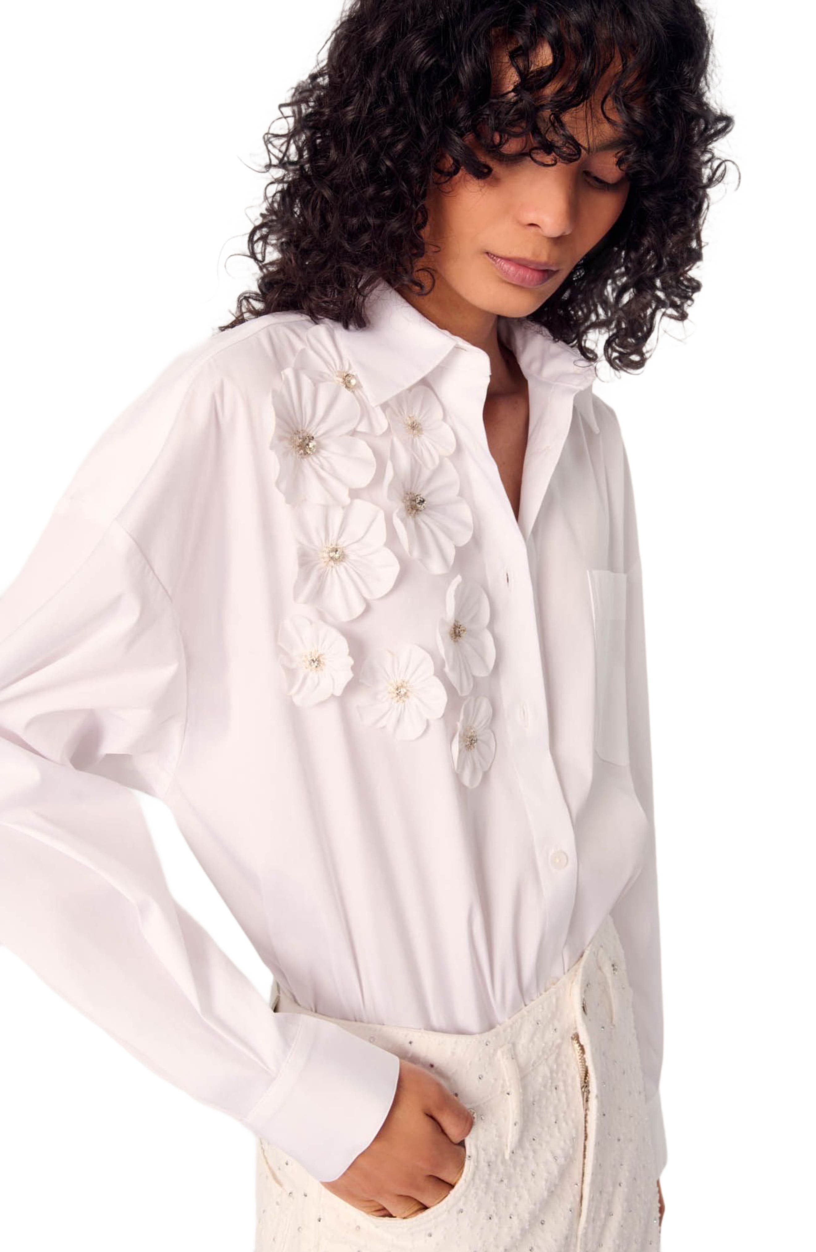 maje Long shirt with embroidered flowers in White at Nordstrom - 3