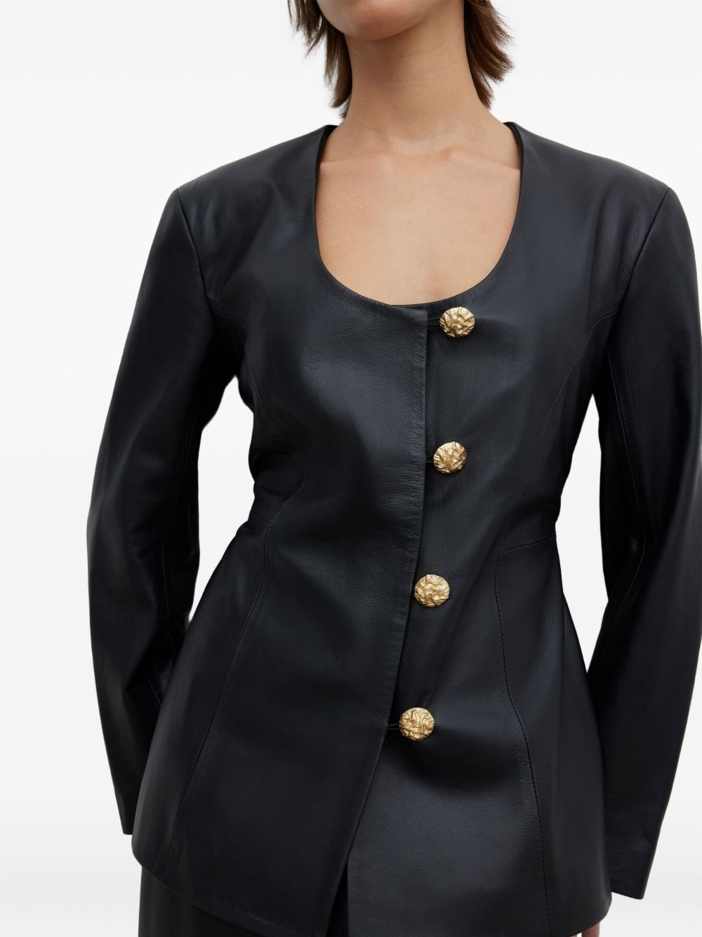 scoop-neck leather jacket - 6