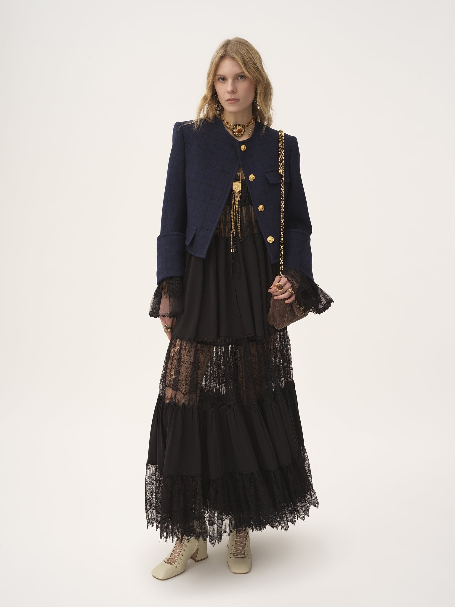 BOXY COLLARLESS JACKET IN WOOL CHECK - 3