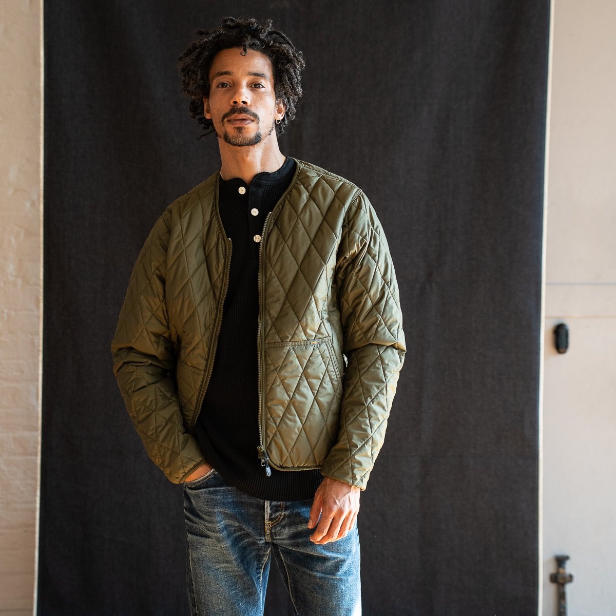 IHJ-118-OLV Collarless Lightweight Quilted Jacket - Olive - 3