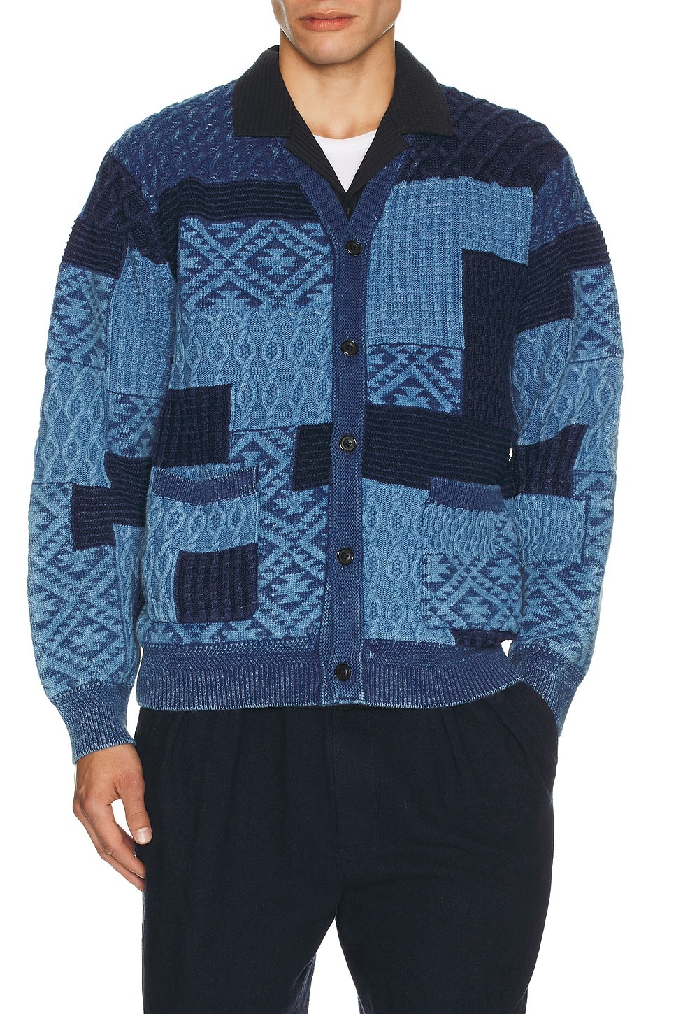 Cardigan Indigo Patchwork Like Jacquard - 3