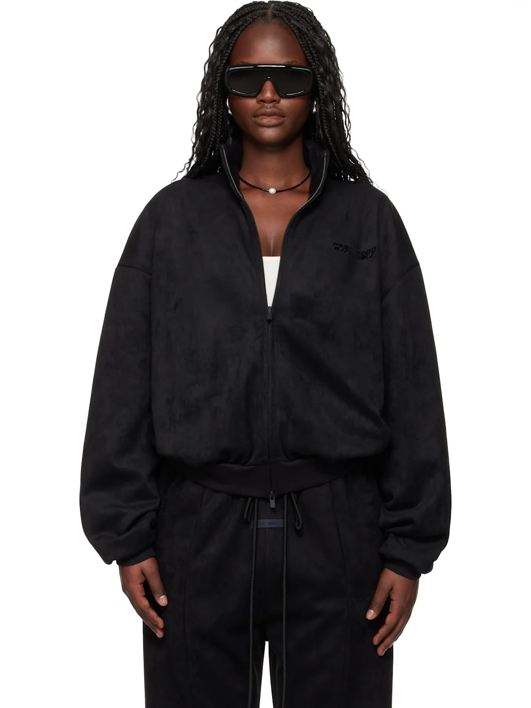 Black Holiday Faux-Suede Fleece Vintage Track Jacket - 1