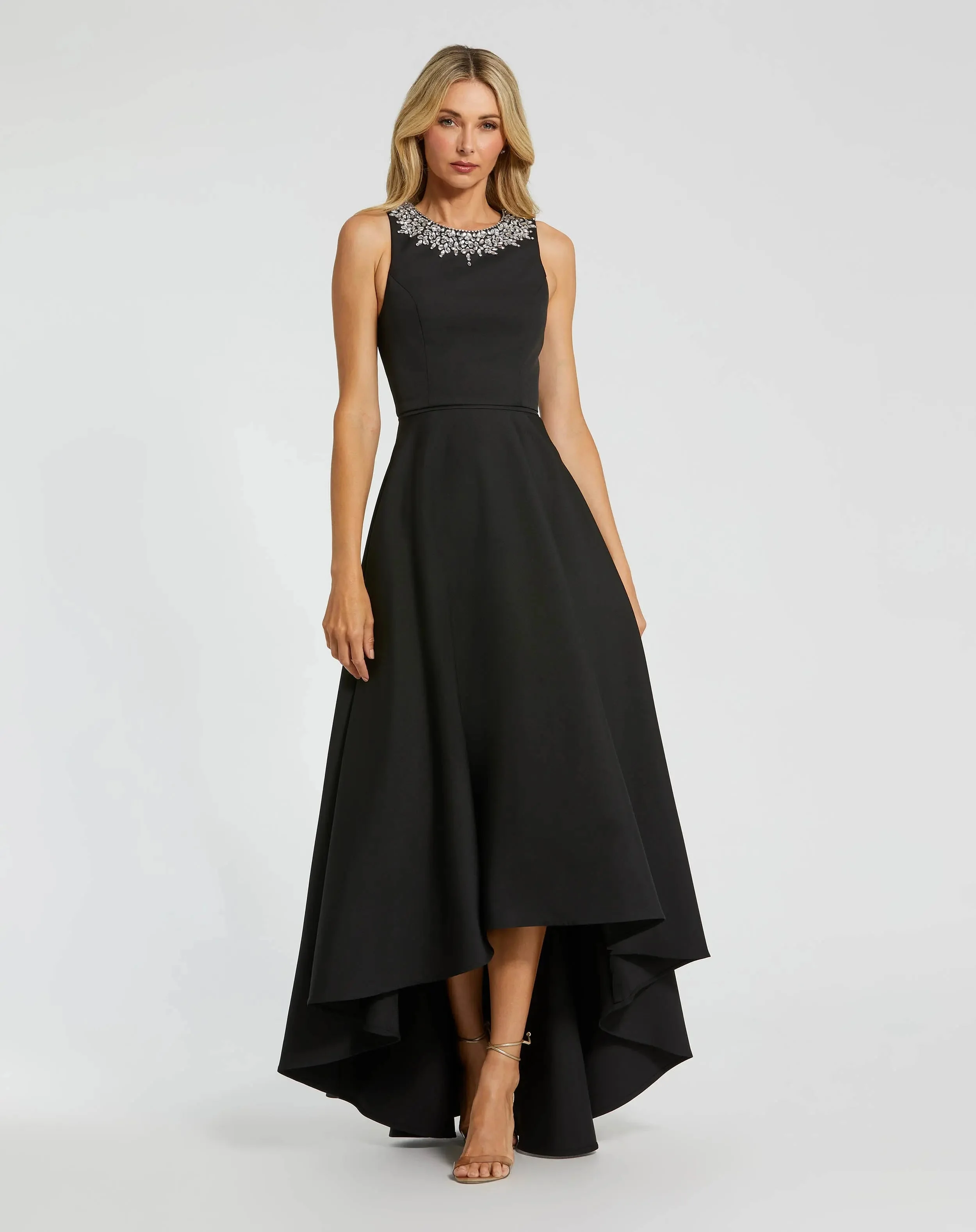 Black Crepe Embellished Neck High Low Gown - 1