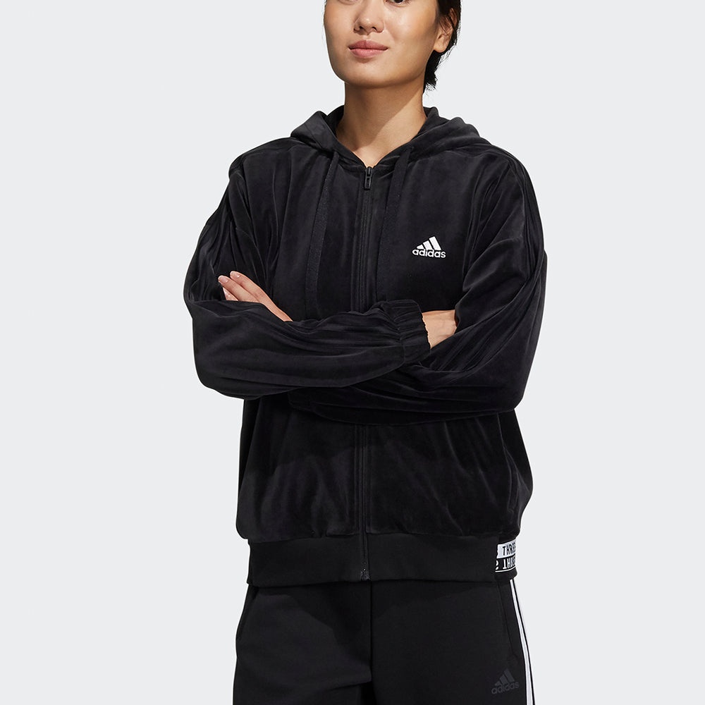 (WMNS) adidas Velour Jkt Velvet Hooded Jacket Black HG1845 - 2