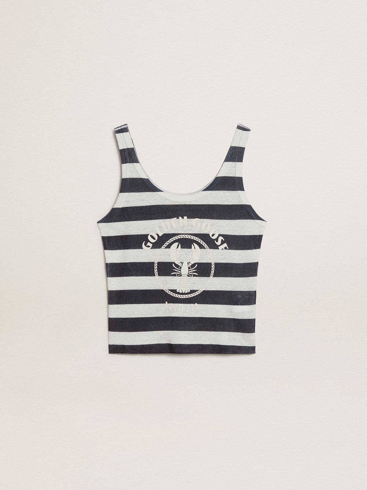 Women's white and blue striped linen jersey top with lobster print - 1
