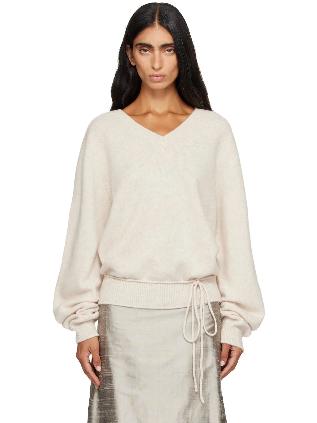 Beige Soft Alpaca Blend Tie V-Neck Sweater - 1