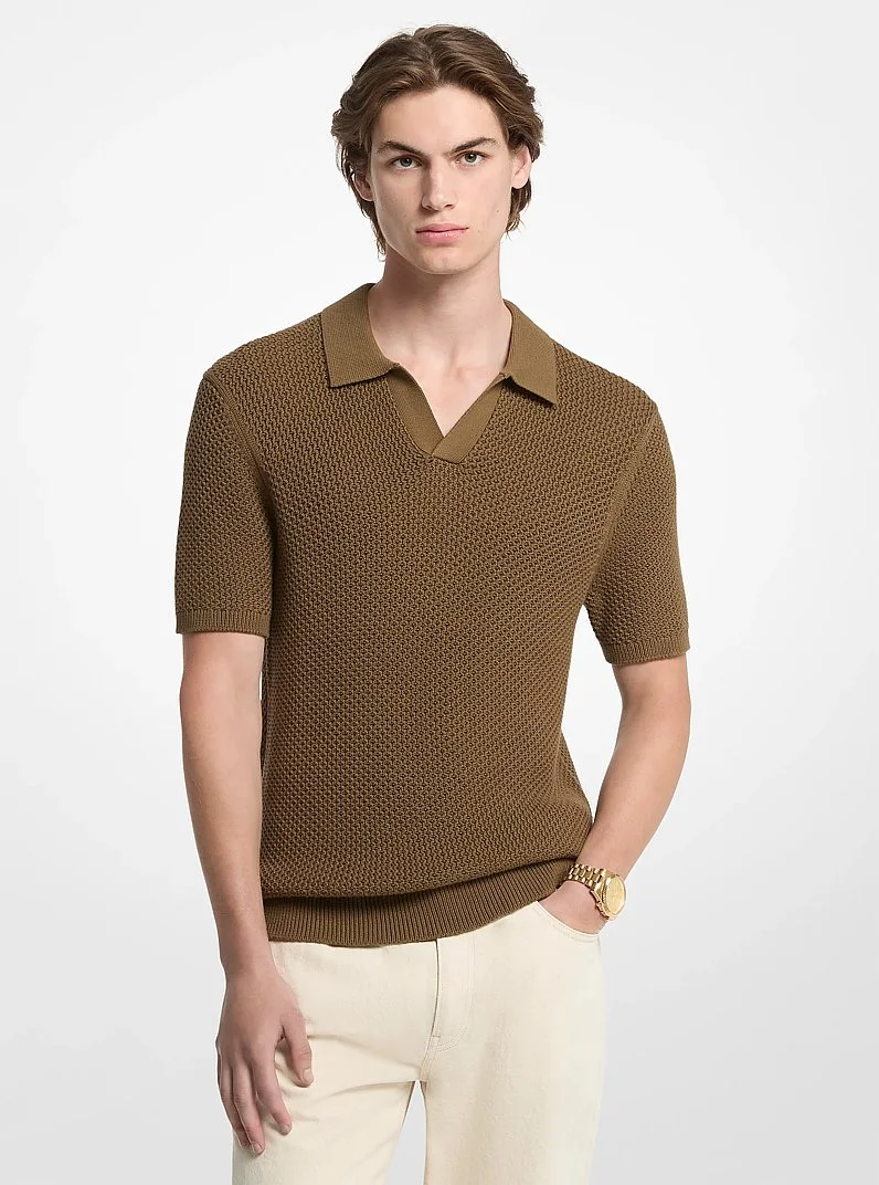 Textured Cotton Johnny Collar Polo Shirt - 1