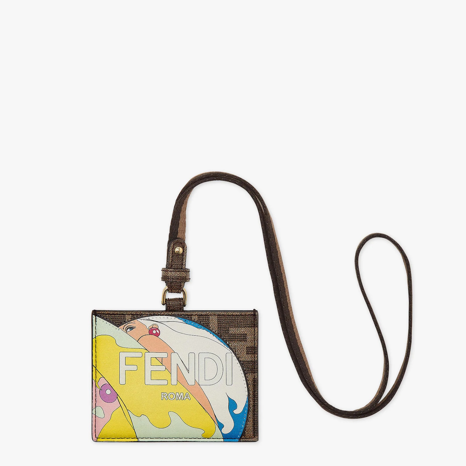 Fendi Roma name badge with a flat pocket and Pequin ribbon strap. Made of fabric with FF motif in br - 1