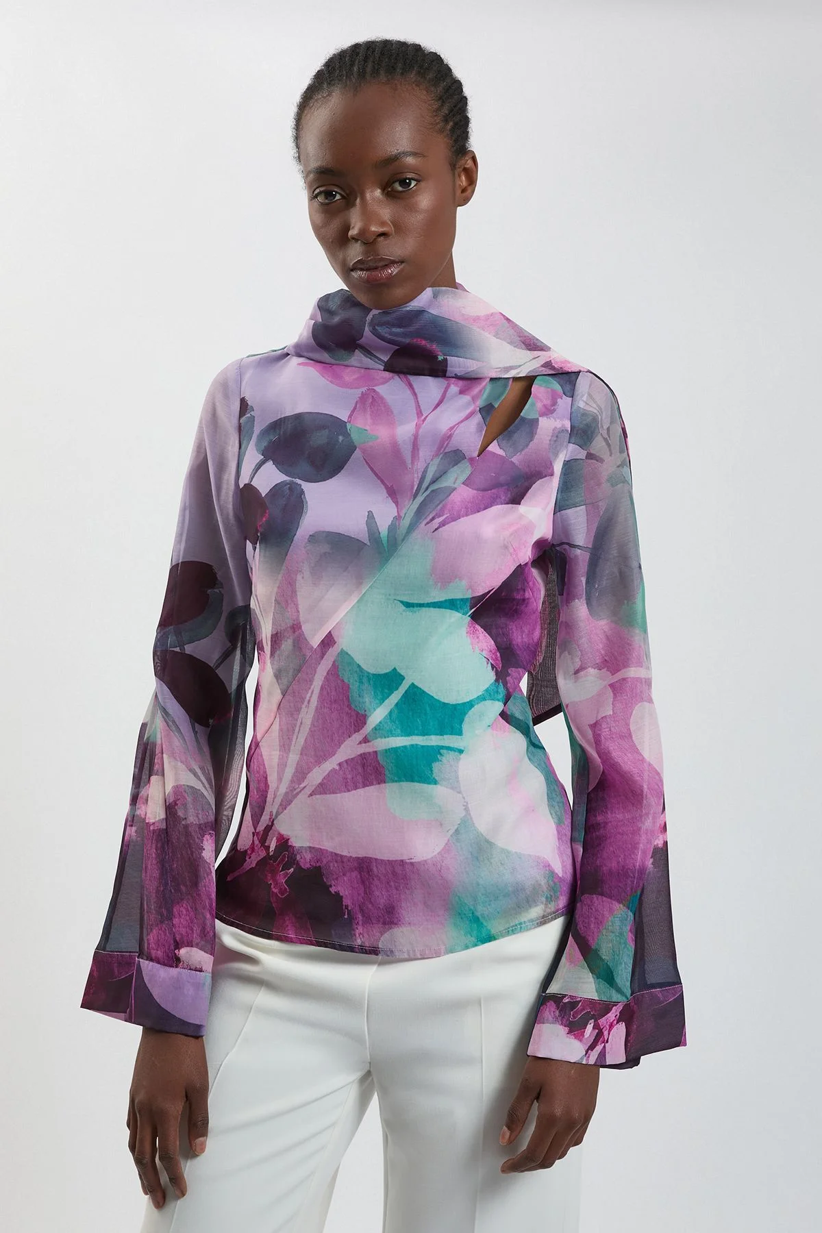 Photographic Floral Organza Scarf Detail Woven Flute Sleeve Blouse - 1