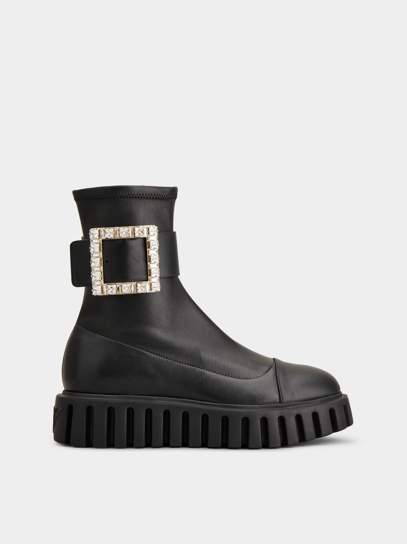 Viv' Go-Thick Rhinestone Buckle Stretch Ankle Boots in Soft Leather 1