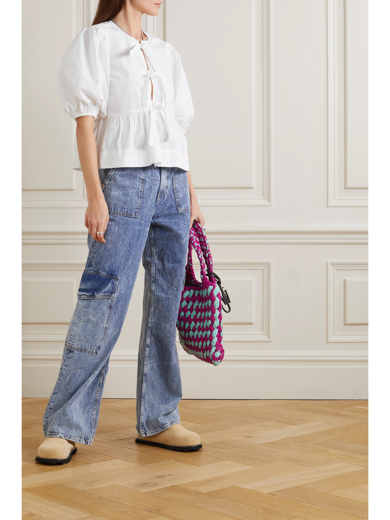 Tie-front Organic Cotton-poplin Peplum Blouse - 2