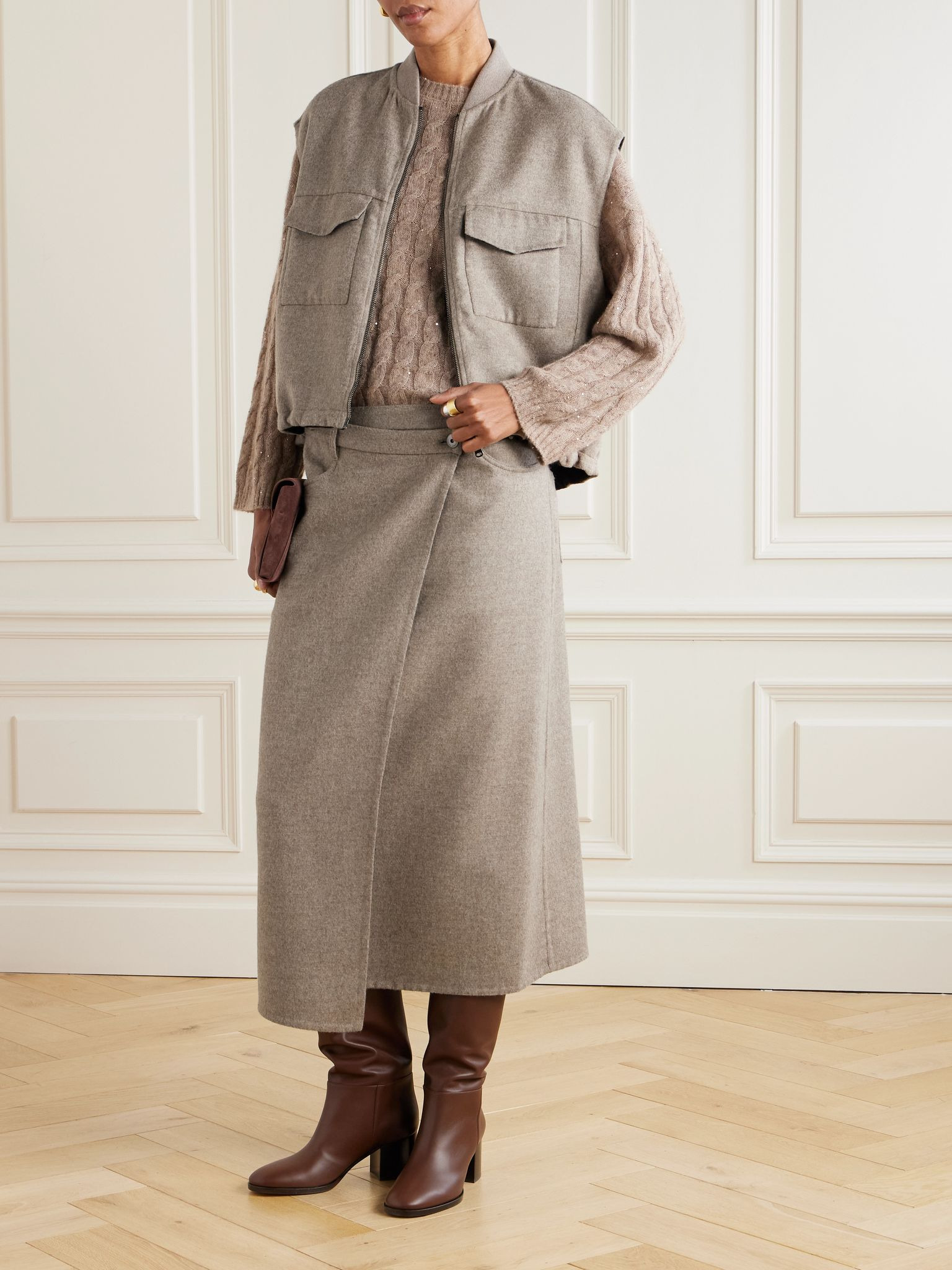 Asymmetric brushed-wool midi wrap skirt Beige - 2