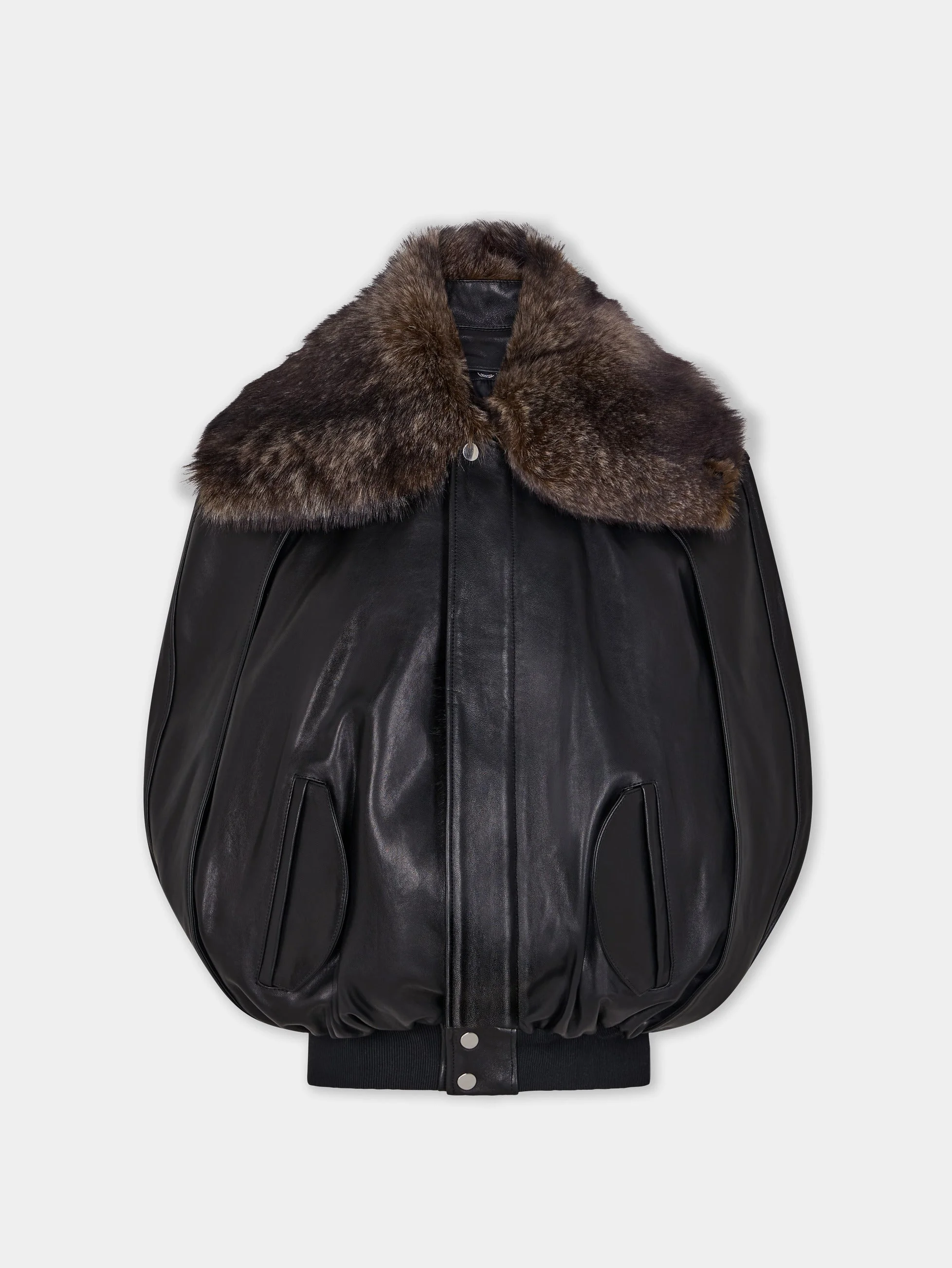 BLACK LAMBSKIN LEATHER CAPE JACKET WITH REMOVABLE SHEARLING COLLAR - 1