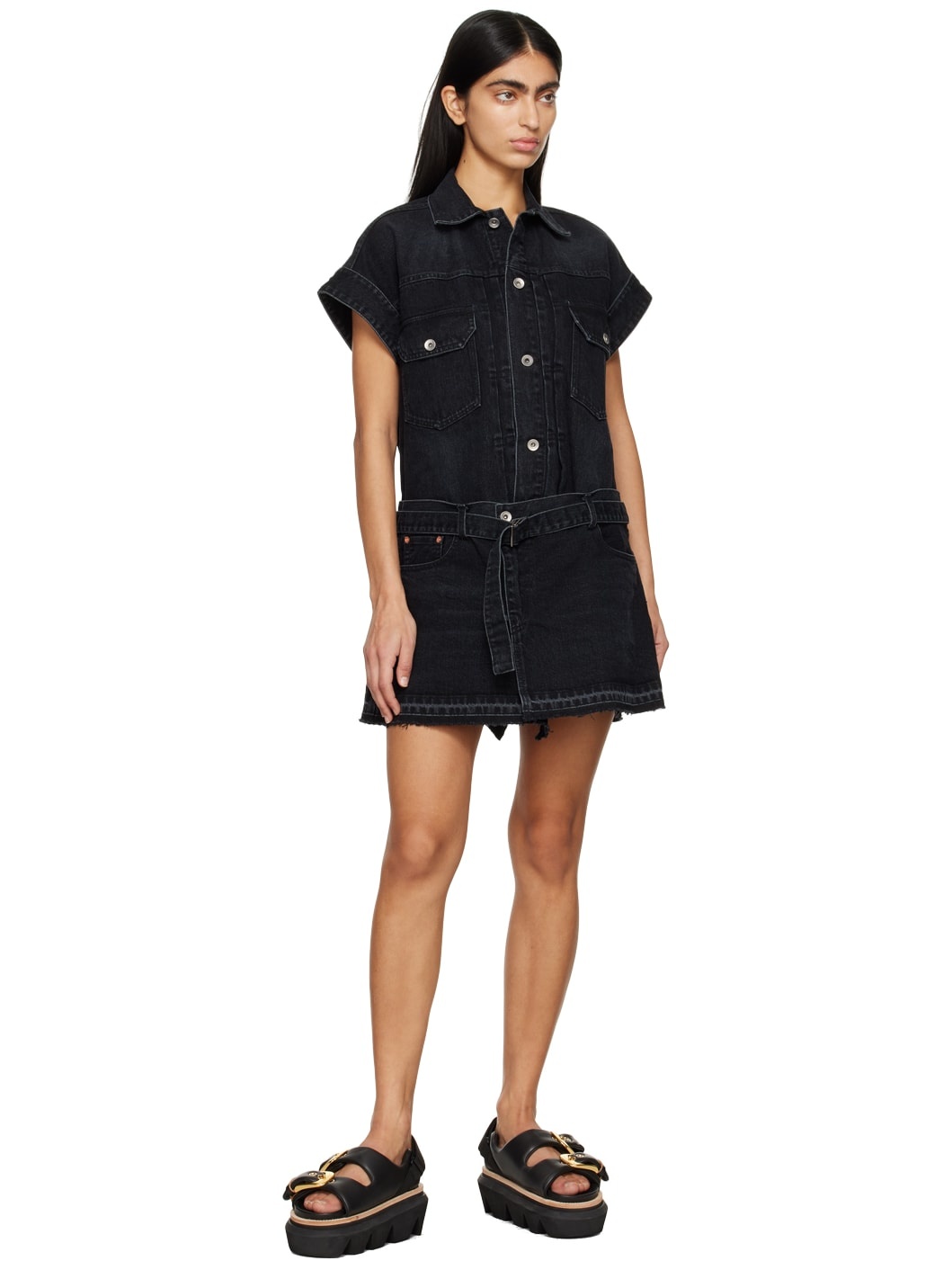 Black Belted Denim Minidress - 4