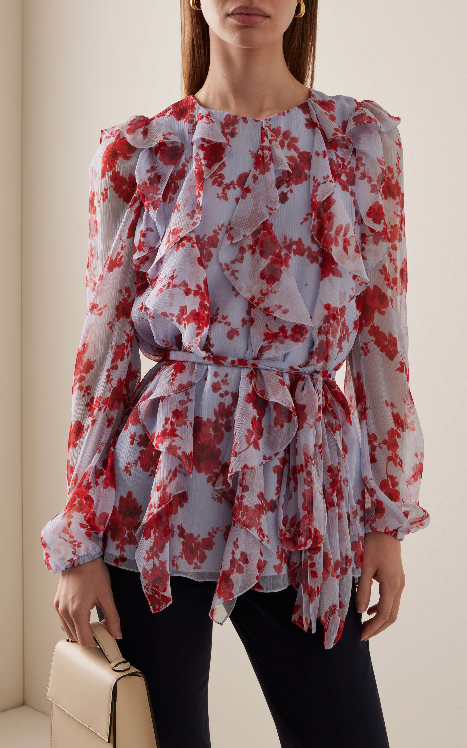 Sash-Detailed Ruffled Silk Chiffon Top multi - 2